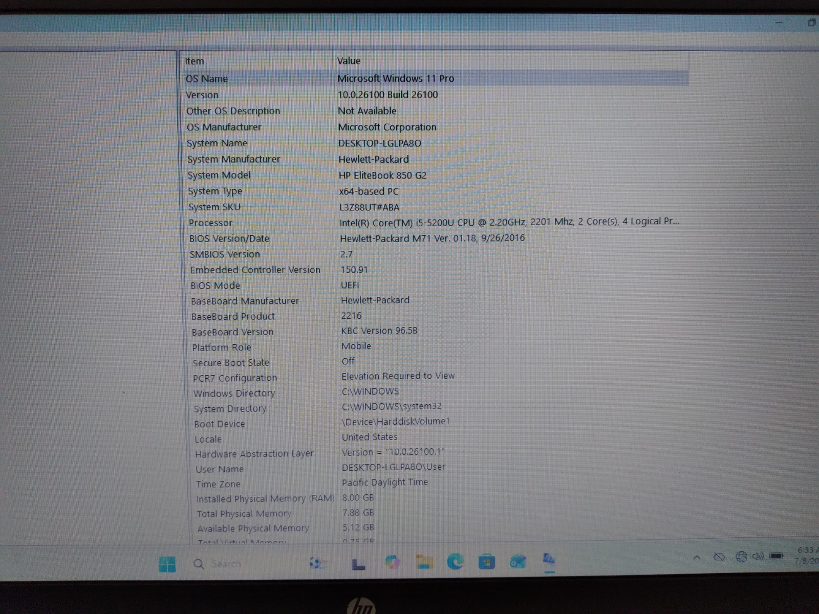 HP ELITEBOOK 850 G2 15.6″ CORE i5-5200U@2.20GHz 8GB RAM 1TB HDD Win 11 Pro