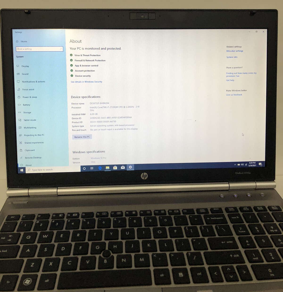 HP EliteBook 8560P Laptop i7-2620M 2.2GHz 250GB HDD 6GB RAM Windows 10 Pro. Used