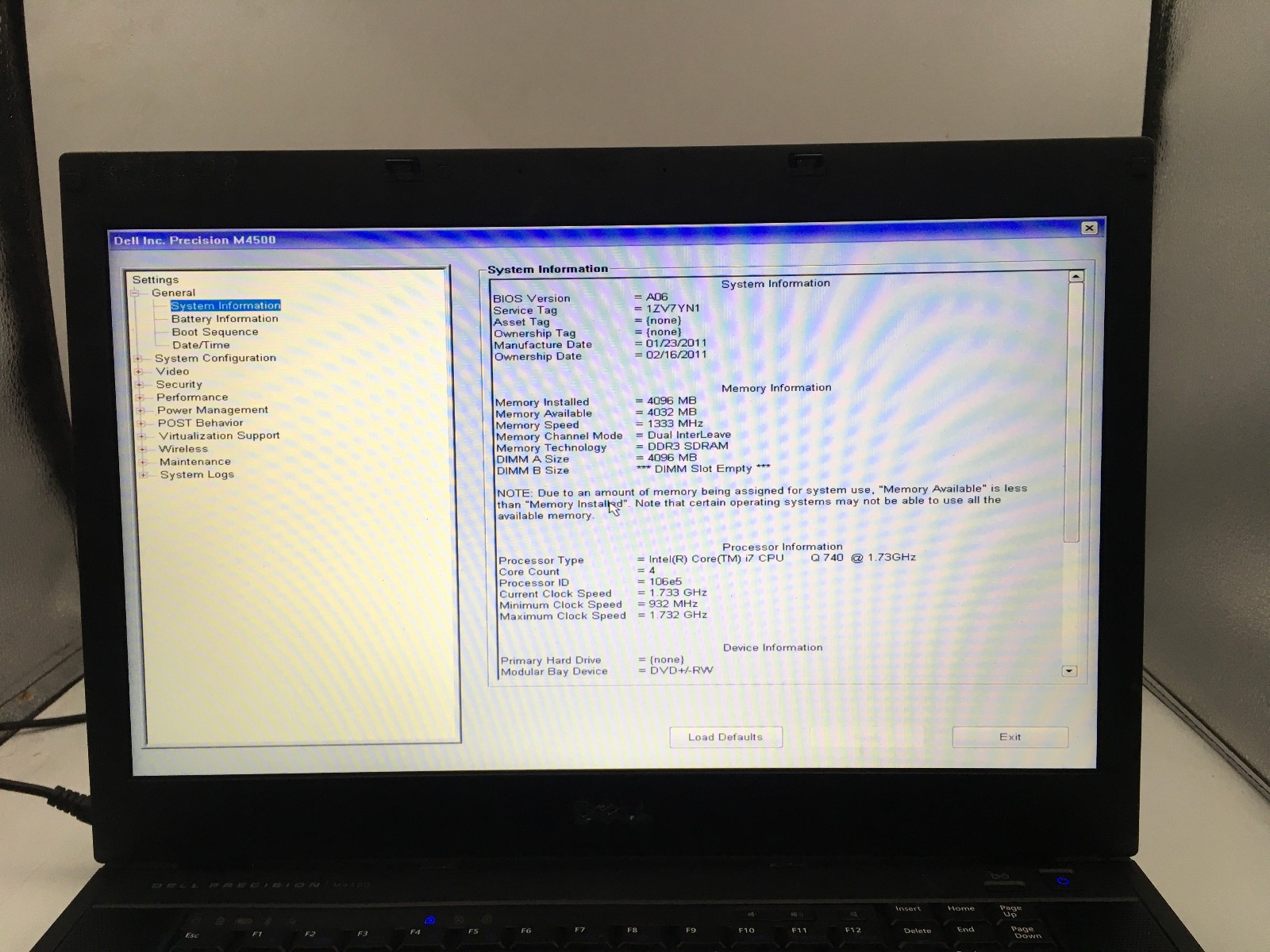 DELL PRECISION M4500 – BOOTS TO BIOS – INTEL I7 Q740 – NO RAM – NO OS – READ -BB