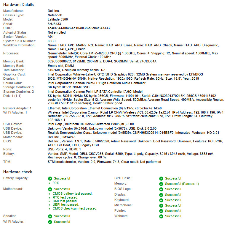 Dell Latitude 5500, i5-8265U CPU, @ 1.60GHz, 8GB RAM, 256GB NVMe- No OS/Charger