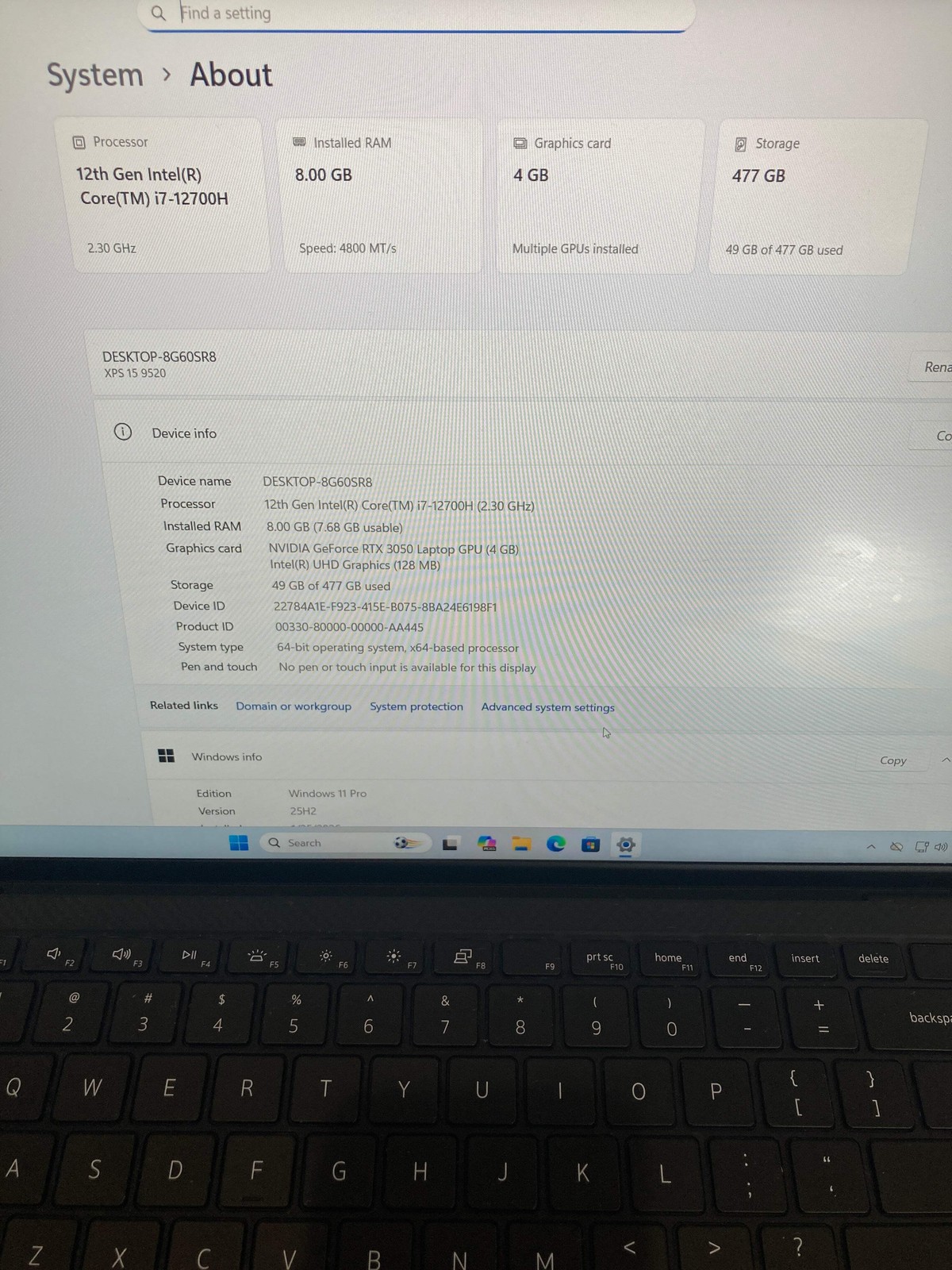 Dell XPS 9520 15.6″ i7-12700H 2.3GHz 8GB RAM 512GB SSD RTX 3050 GPU WIN 11