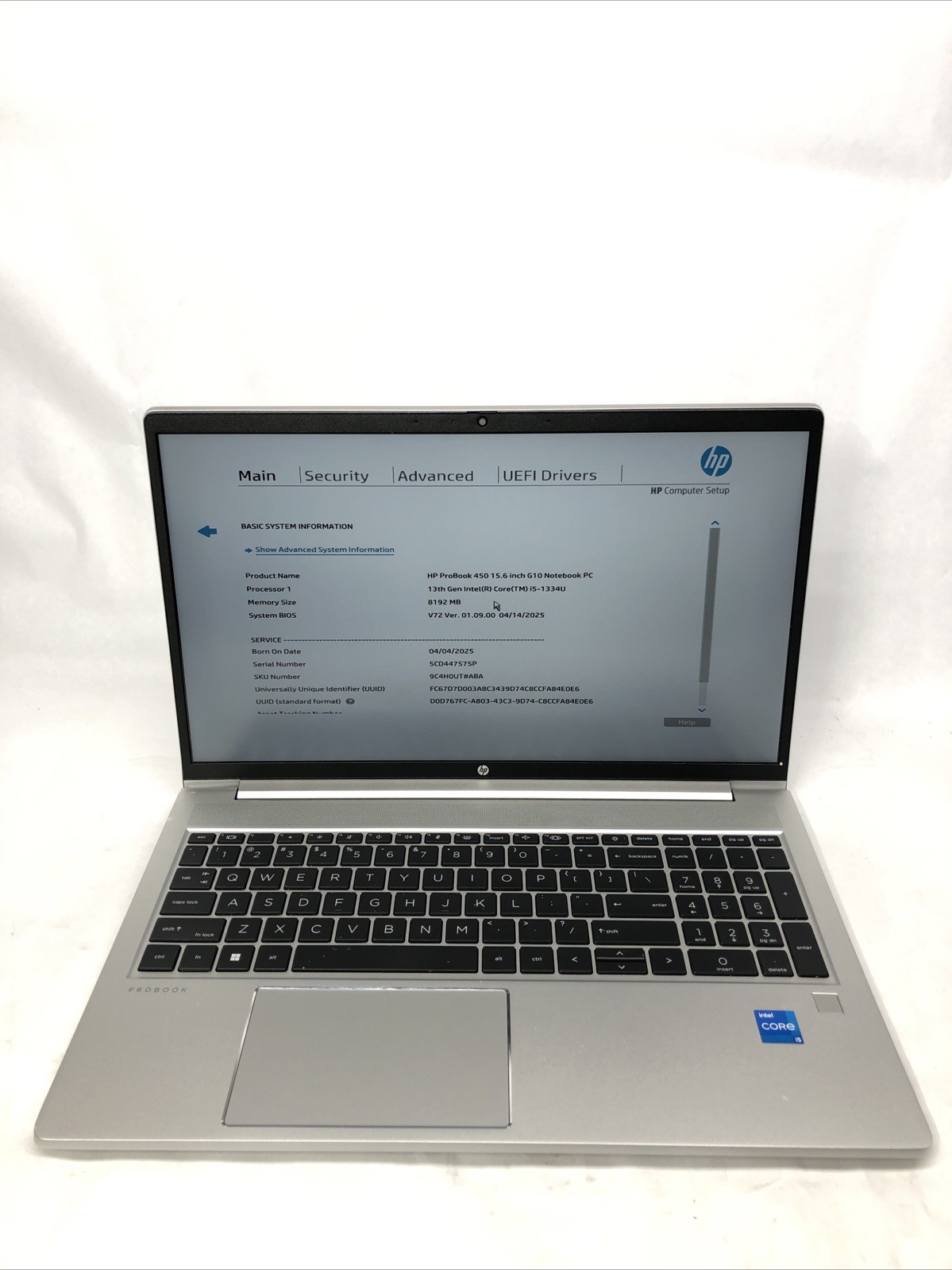 HP ProBook 450 G10, Intel Core i5-1334U @1.30Ghz, 8GB RAM, NO SSD/OS, TESTED !