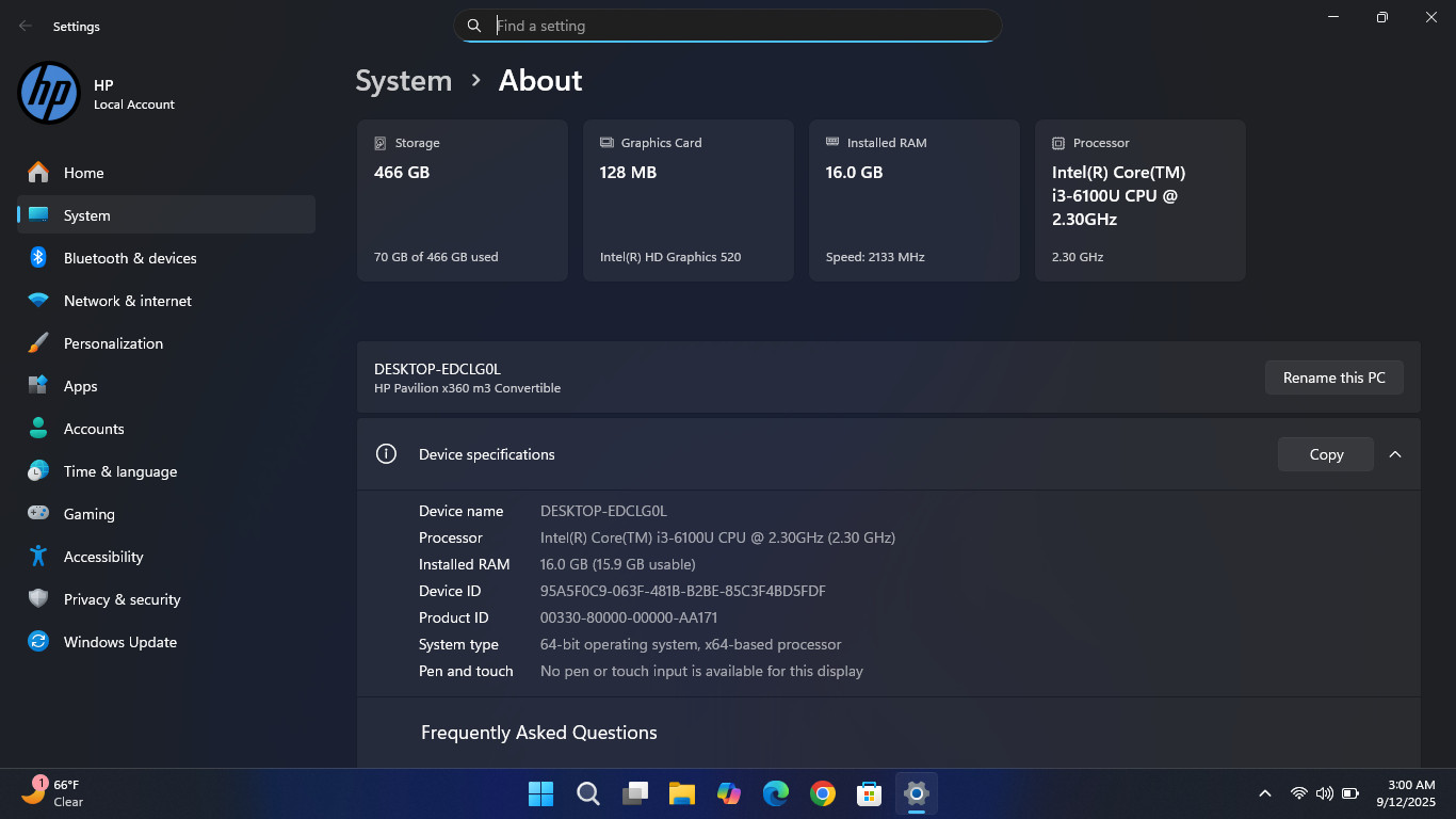 13.3″ HP X360 M3-u001dx Intel i3-6100U 2.3Ghz / 16GB RAM / 500GB SSD / Win 11