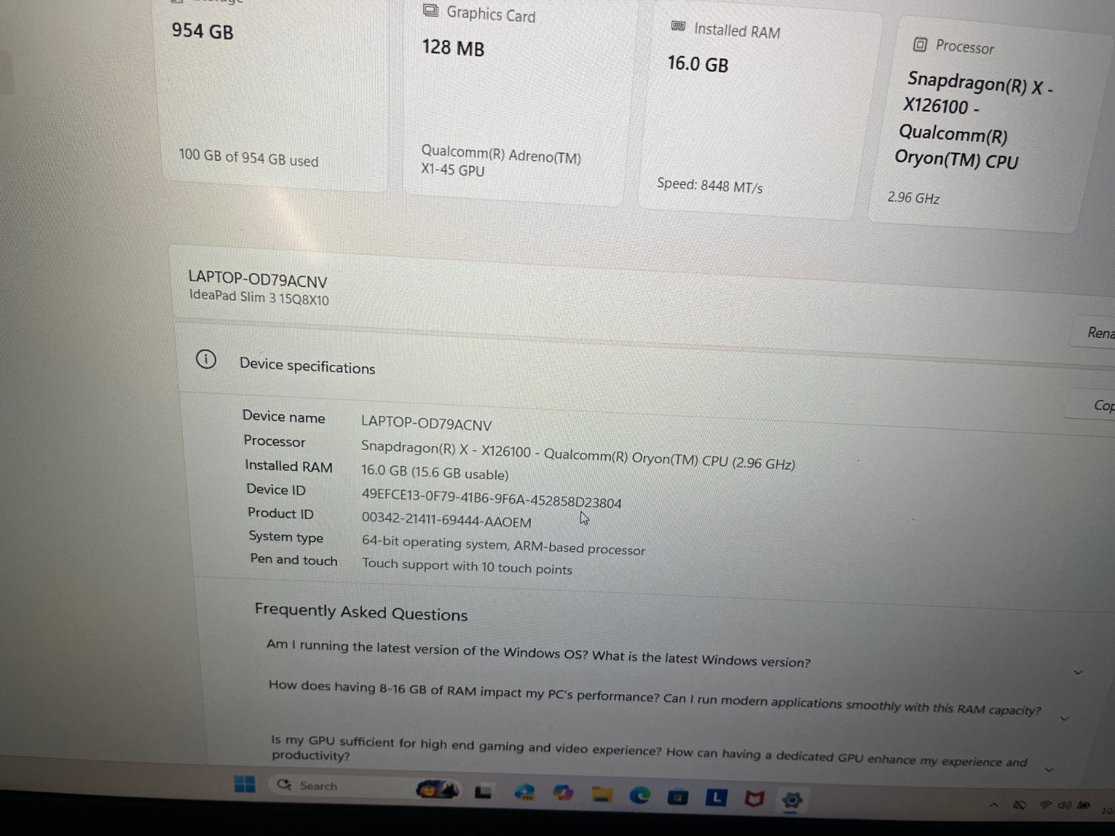 Lenovo IdeaPad Slim 3x 15.3″ Touch Snapdragon X 16GB 1TB SSD 83N30010US Grade A-