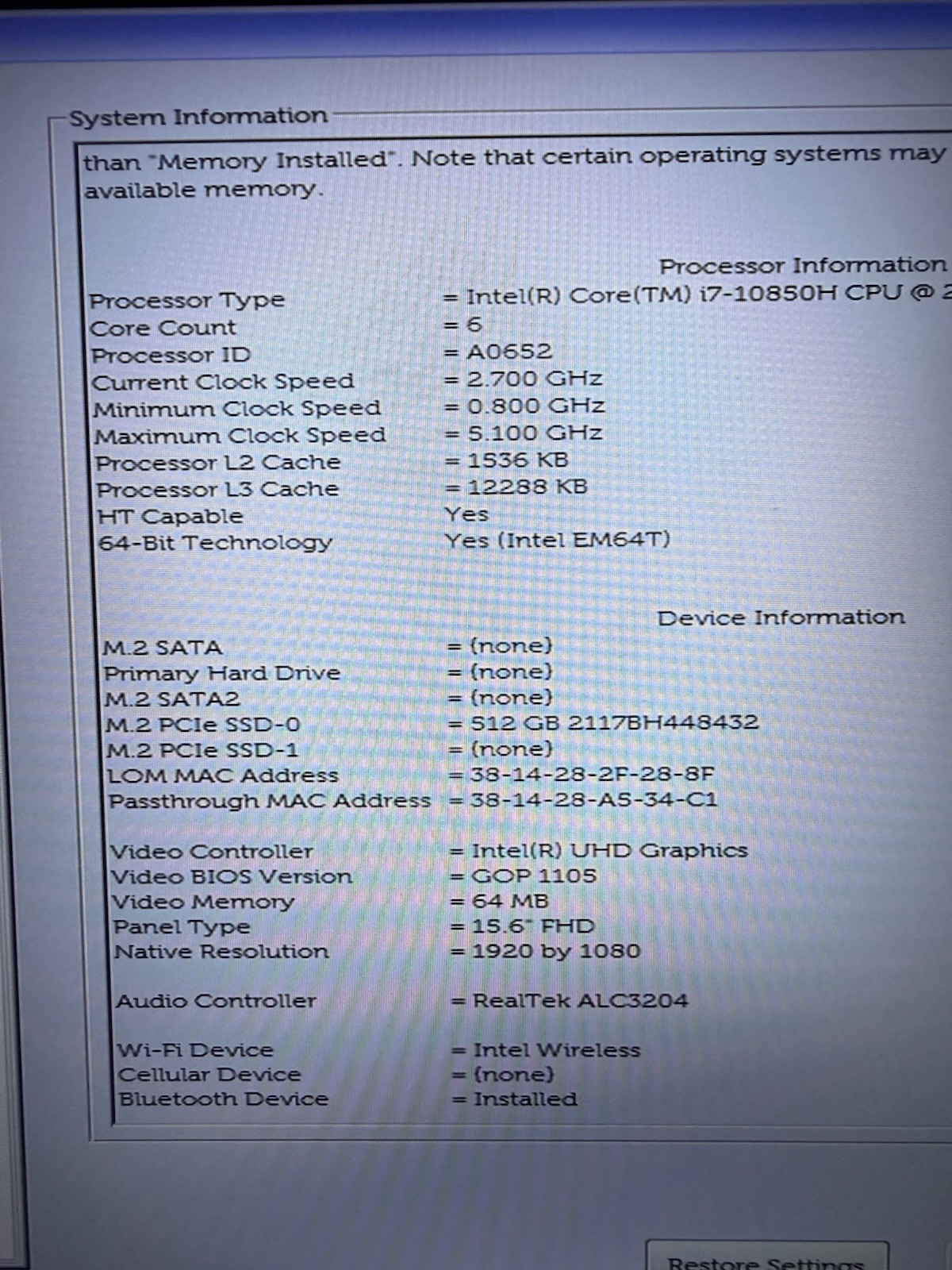 Dell Precision 3551 15.6″ i7-10850H 32GB RAM 512GB SSD 2.7GHz Win11Pro