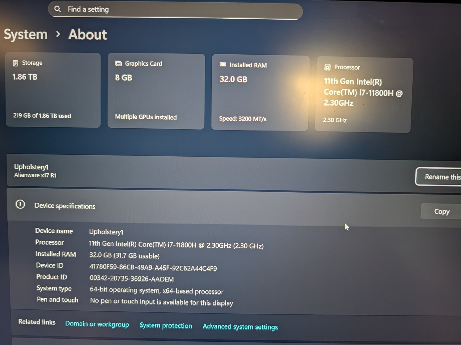Alienware x17 R1 – i7-11800H – 32GB RAM – RTX 3070 – 2TB SSD