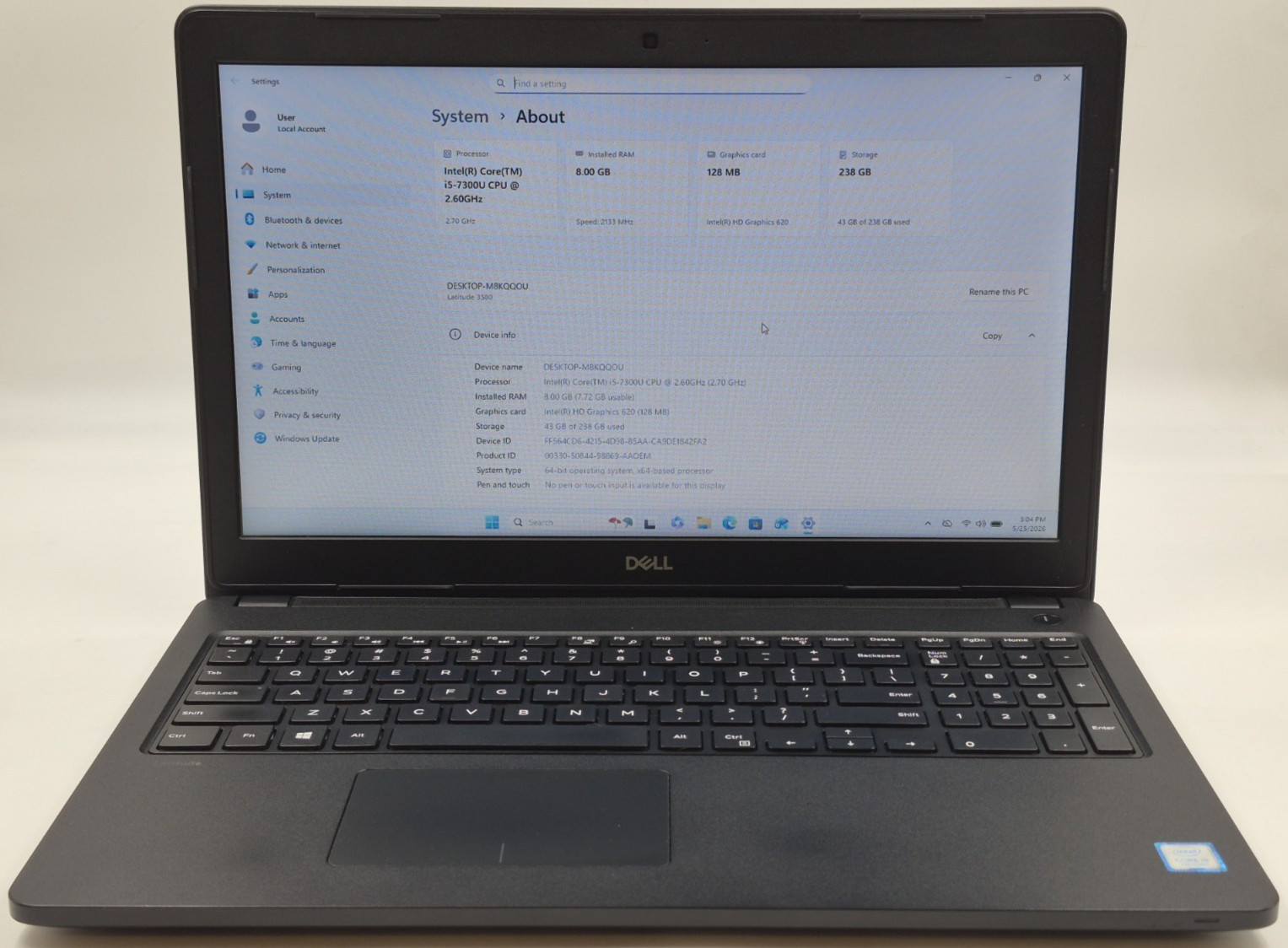Dell Latitude 3580 i5-7300U 2.60GHz 8GB RAM 256GB NVMe W11P Laptop