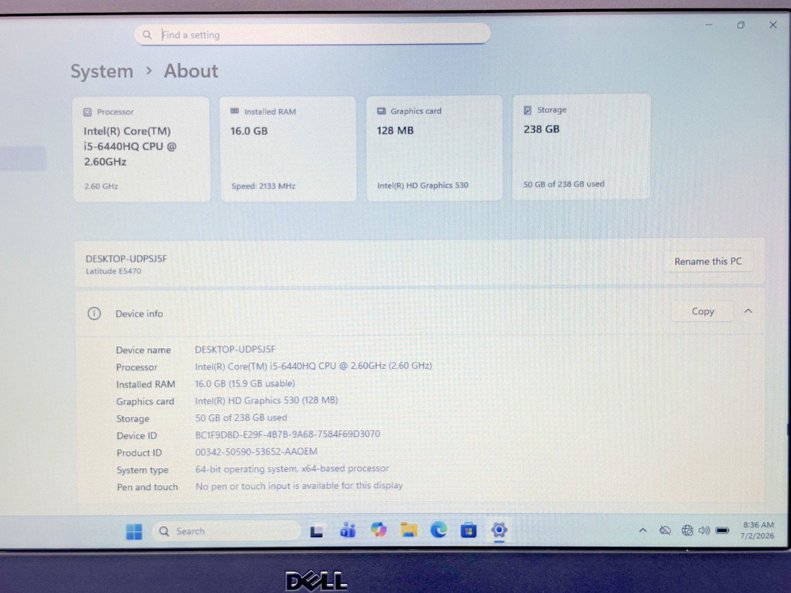 Dell Latitude E5470 14″ Intel i5-6th Gen 2.60GHz 16GB RAM 256GB SSD Win 11 Pro*