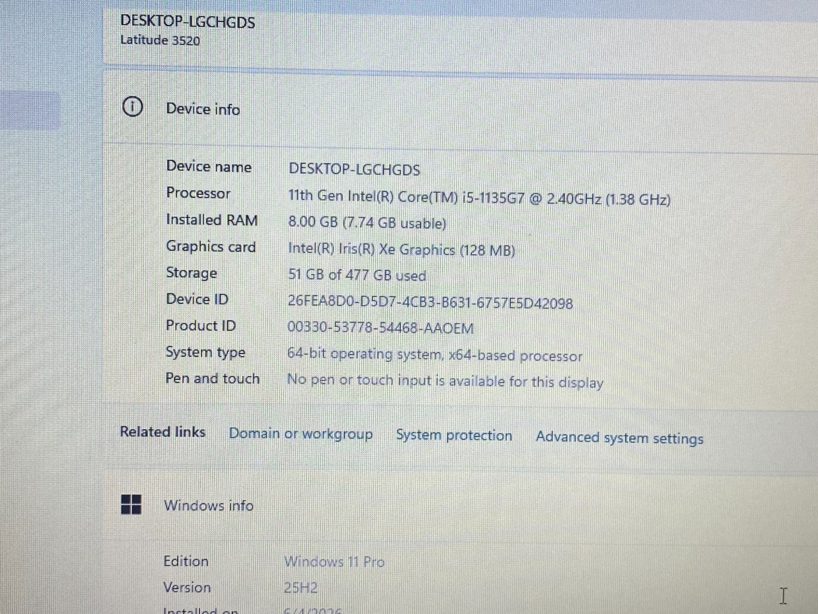 DELL LATITUDE 3520 i5-1135G7@2.40GHz 8GB RAM 512GB SSD NVMe W11P