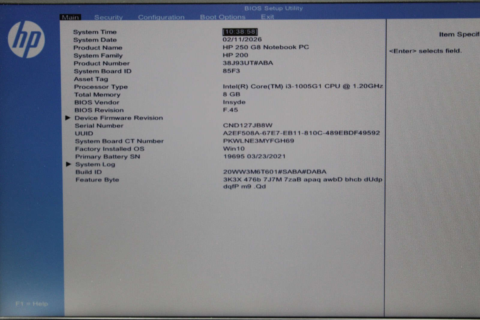 HP 250 G8 i3-1005G1 @ 1.2 GHz 8GB RAM No SSD No OS