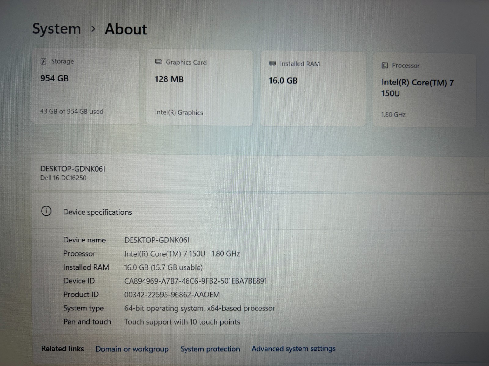 DELL 16 DC16250 MRYT3, Intel Core 7-150U, 1.80 GHz, 16 GB RAM, 1 TB NVMe