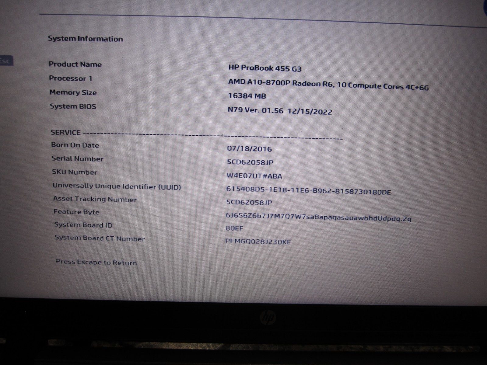 HP PROBOOK 455 G3 – 15.6″ | AMD A10-8700 | 16GB RAM | 256GB SSD | WINDOWS 10