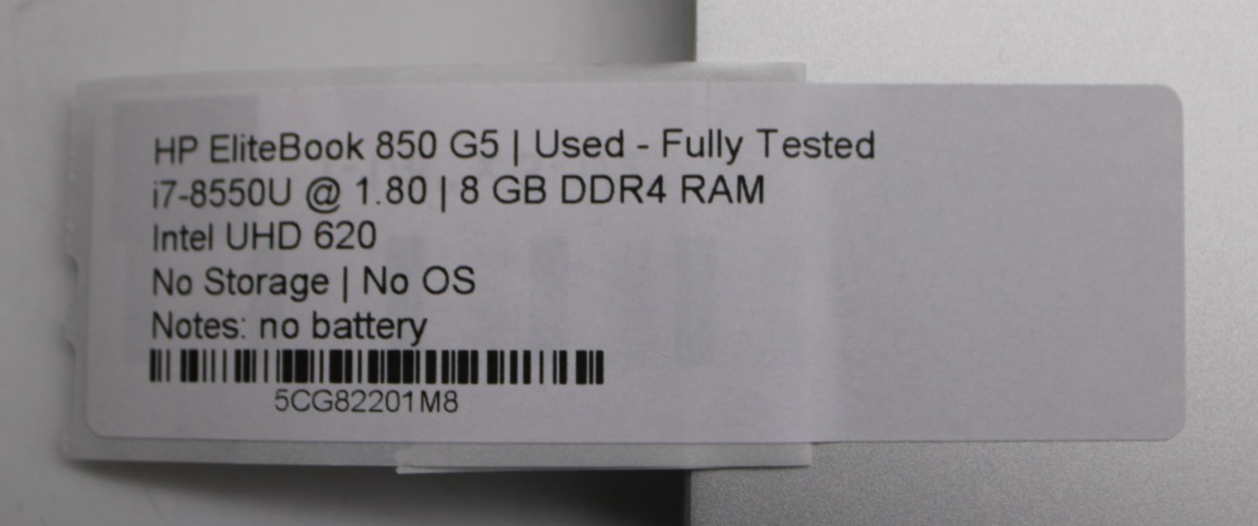 HP EliteBook 850 G5-i7-8550U@1.8GHz-8GB DDR4-NO STORAGE/OS/BATT*USED/TESTED*