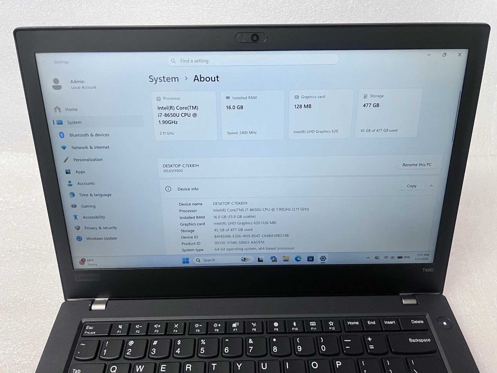 Lenovo ThinkPad T480 i7-8650U 1.90 GHZ 16 GB Ram 512 GB SSD Win 11 Pro
