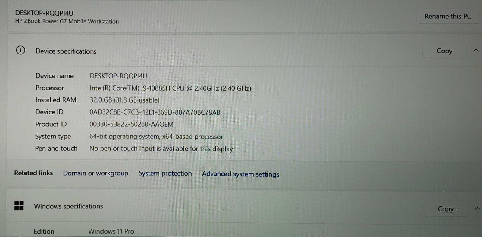 HP Zbook Power G7 i9-10885H 32GB RAM 512GB SSD T2000 4GB GPU Win11 Pro Laptop PC