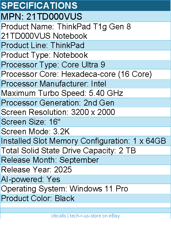 Lenovo 21TD000VUS ThinkPad T1g Gen 8 16″ Touchscreen Notebook – Black