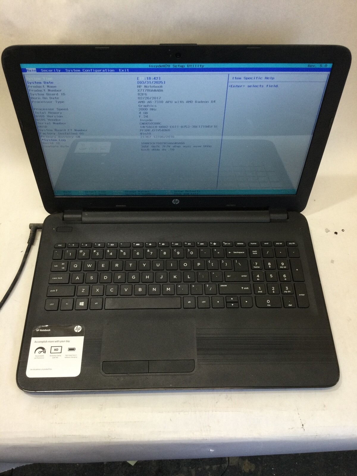 HP NOTEBOOK 15 – BA009DX – AMD A6 – 4GB RAM – FOR PARTS – READ DESCRIPTION – BB