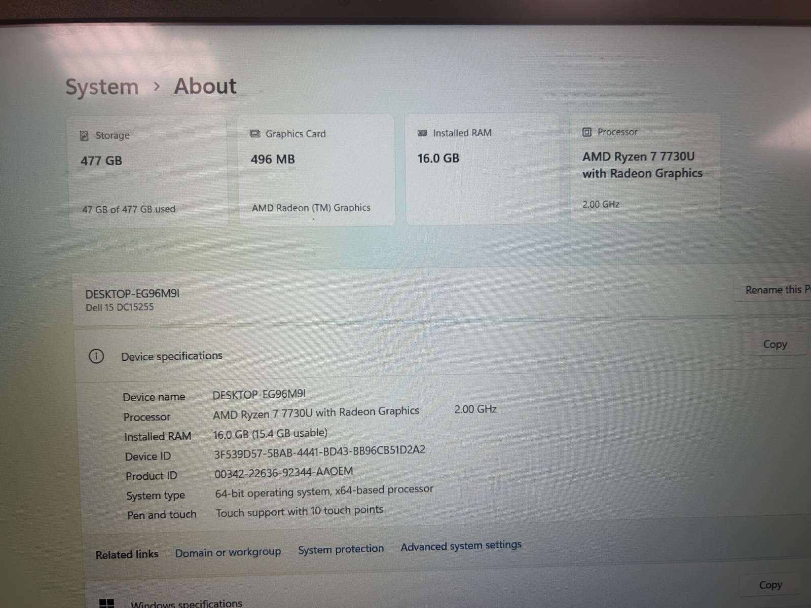 DELL 15 DC15255 G8MK9, AMD Ryzen 7 7730U, 2.00 GHz, 16 GB RAM, 512 GB NVMe SSD