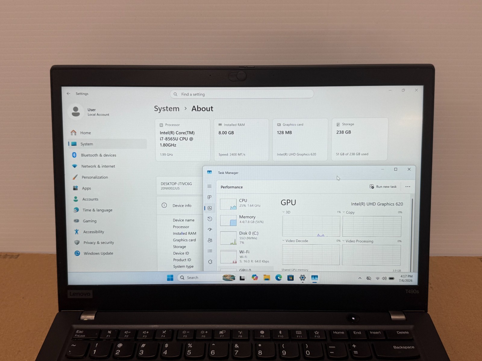 Lenovo Thinkpad T490s 14” i7-8565U 1.80GHz Touch 8GB RAM 256GB SSD W 11 Pro