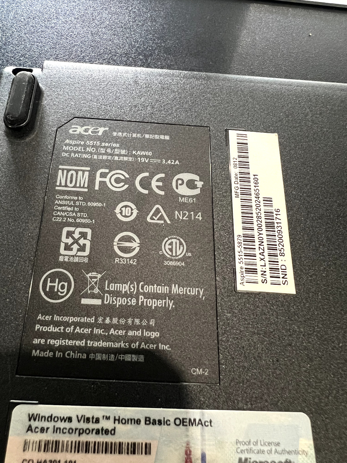 Acer Aspire 5515 KAW60 Black 15.4″ Display Built-in Webcam Laptop – For Parts