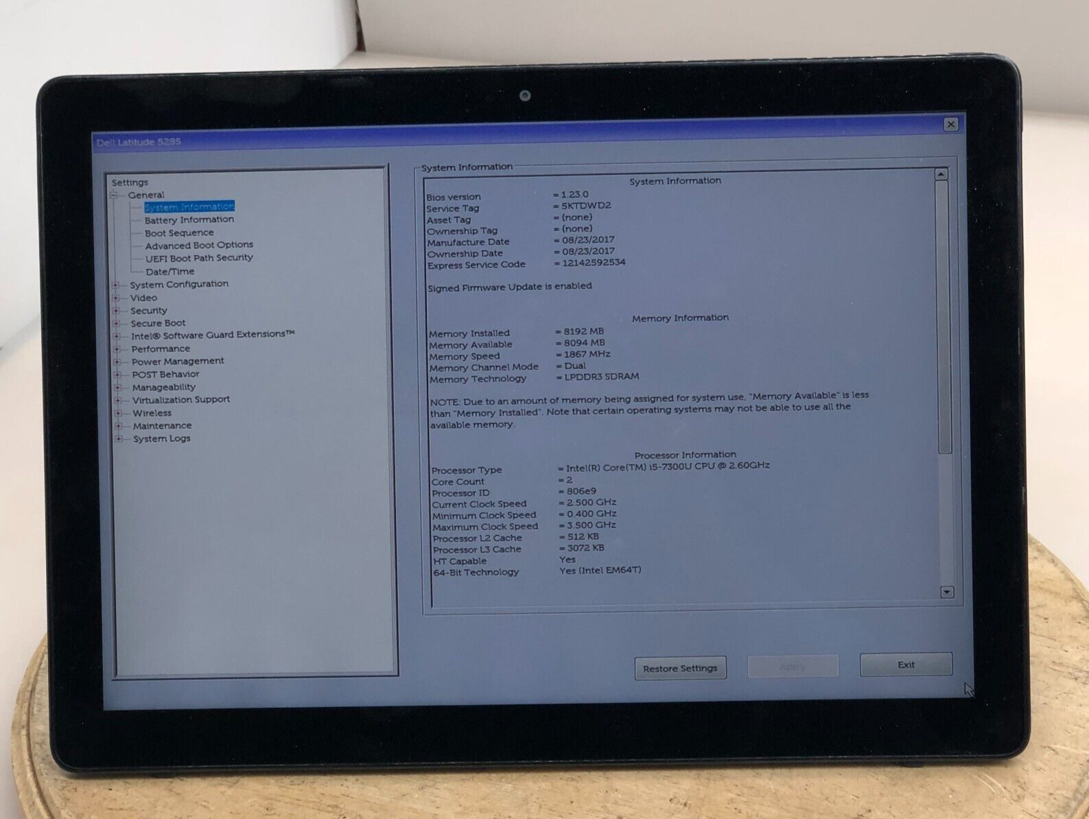 DELL LATITUDE 5285 i5-7300U @ 2.60GHz 8GB RAM 256GB SSD WIN-10P*FOR PARTS/REPAIR
