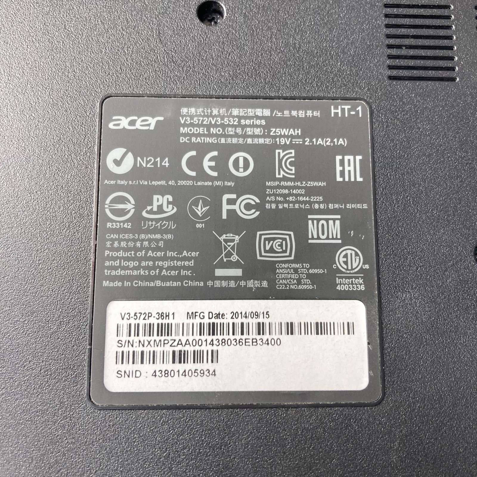 Acer Aspire V3-572P-326T 15.6″ Touch Laptop i3-4030U 1.90GHz 1TB HDD Screen Iss
