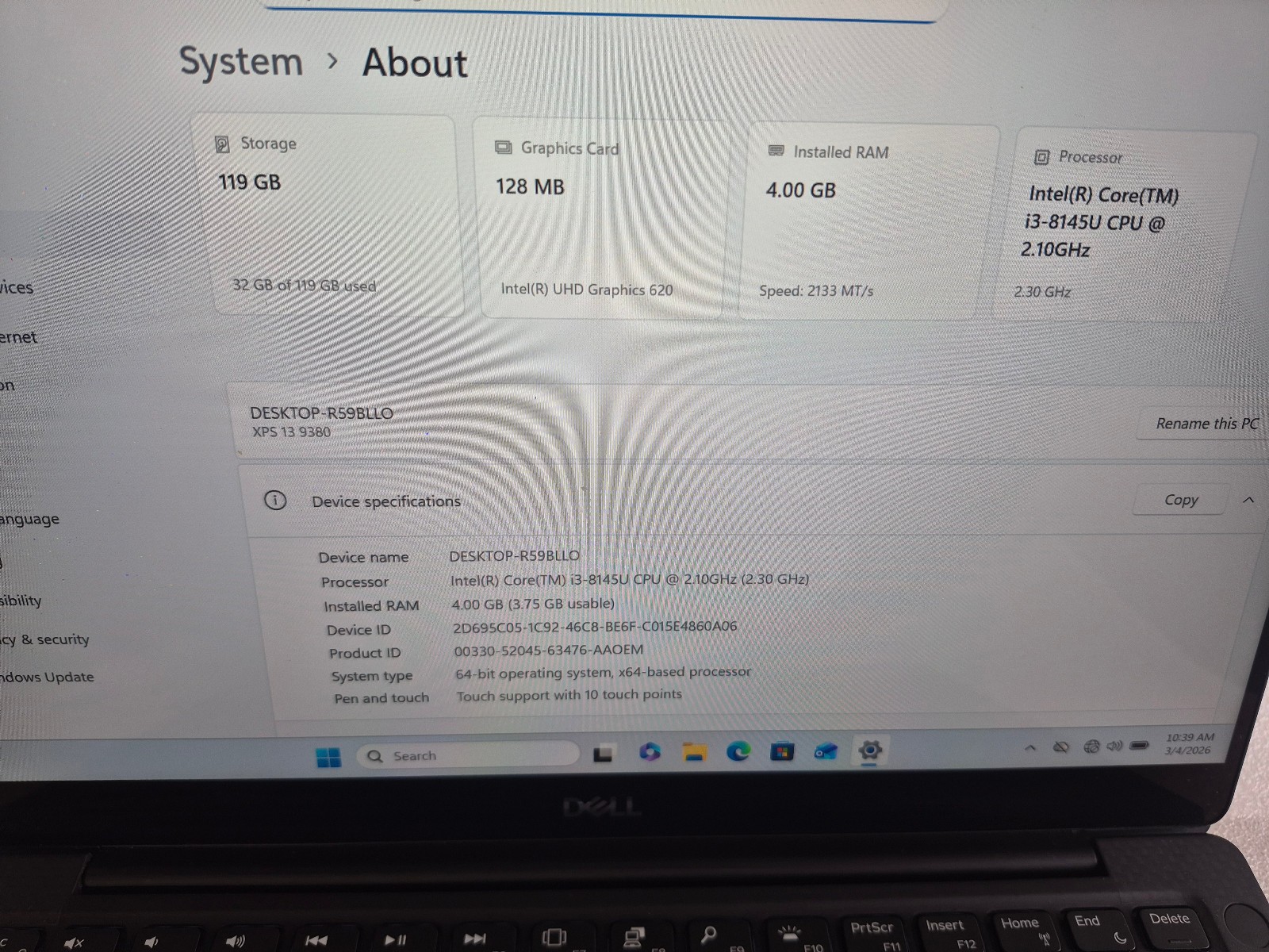 DELL XPS 13 9380 i3-8145U 2.1GHZ RAM 4GB NVME128GB TOUCH SCREEN ,BLUETOOTH, WIFI