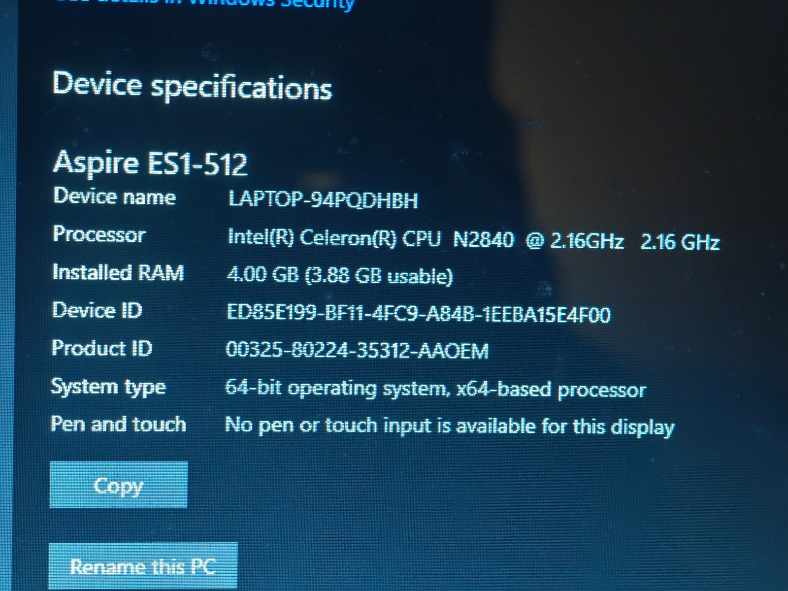 ACER ES1-512 MS2394 Laptop – 500GB HDD, 4GB RAM, Intel Celeron N2840
