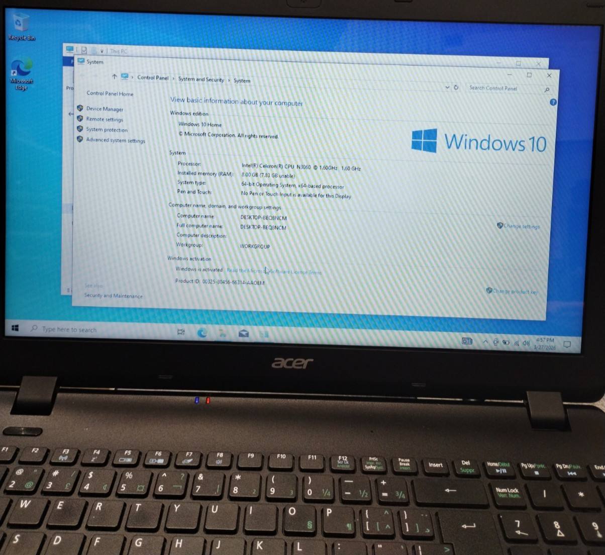 Acer Aspire ES1-531 N15W4 15.6″ Laptop N3060 1.60 8GB RAM 500GB HDD W10H H3942
