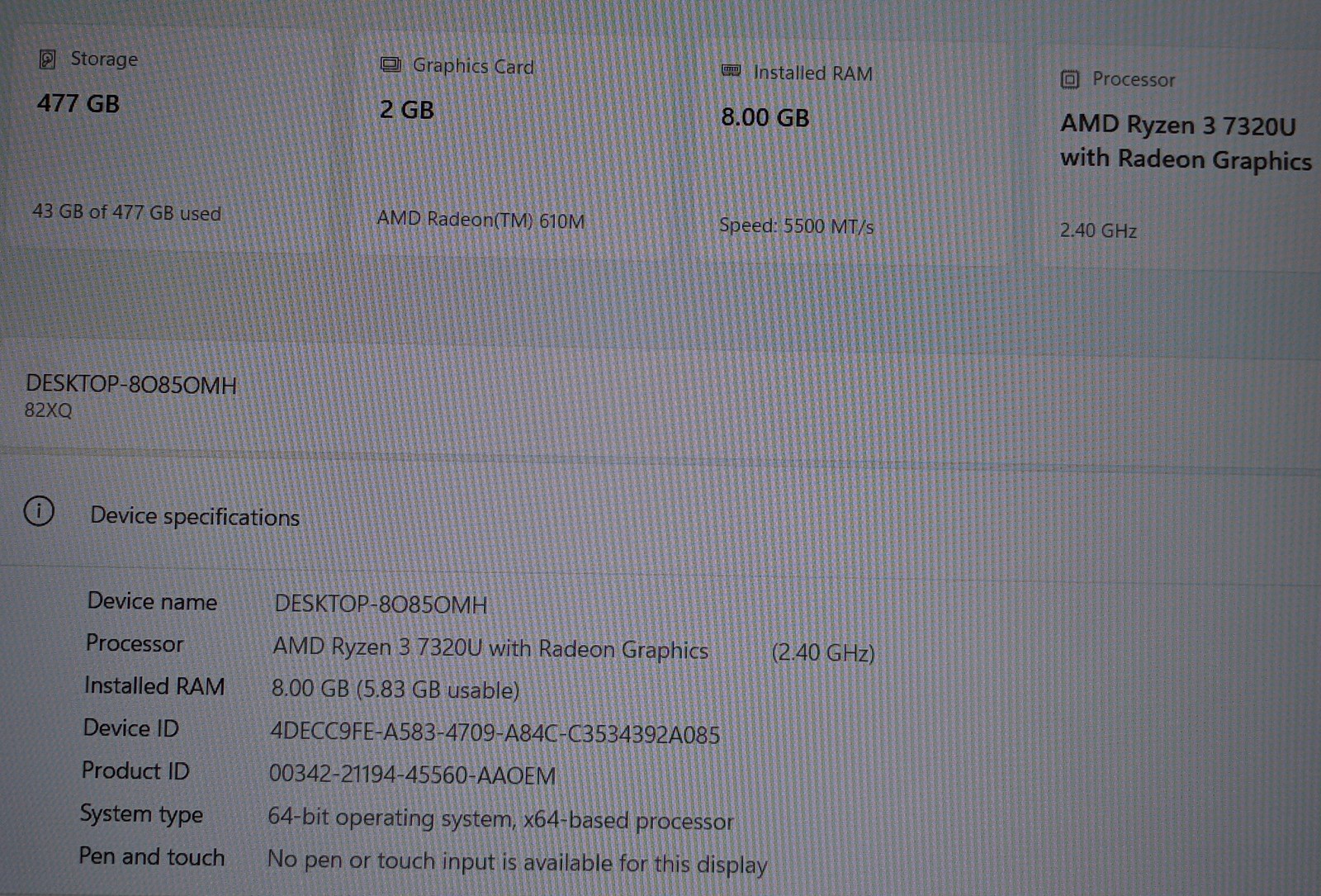 IDEAPAD SLIM 3 15AMN8 R3-7320U@2.4GHZ, 8GB, 512GB