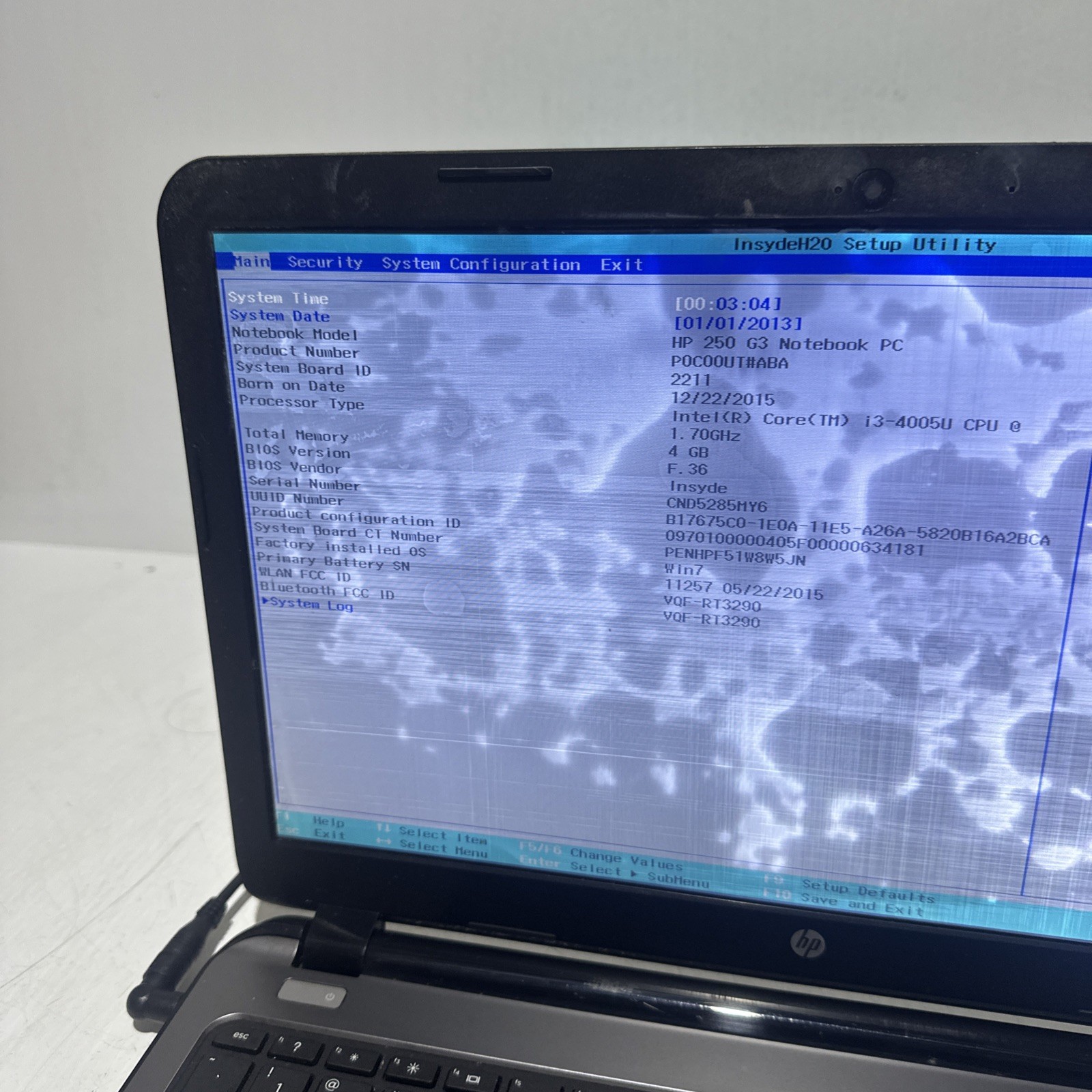 Hp 250 G3 Notebook i3-4005u 4gb Ram No Drives Boots Bios Water DMG