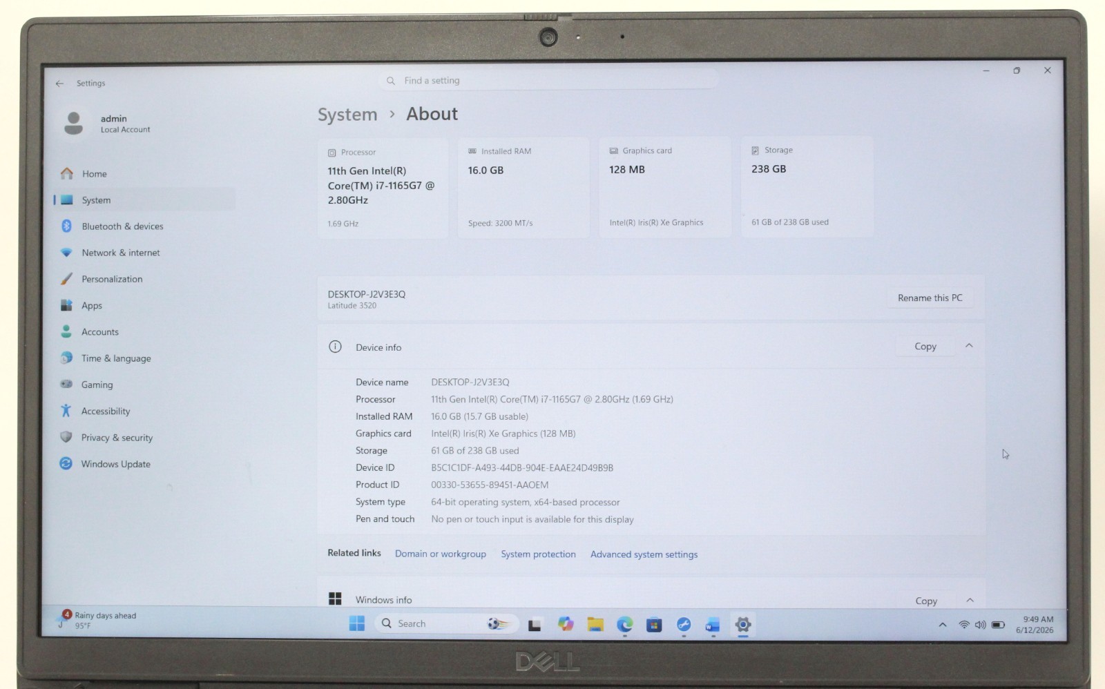 DELL LATITUDE 3520 15.6″ 2.8GHz i7-1165G7 256GB SSD 16GB RAM Win 11 ; 6175489