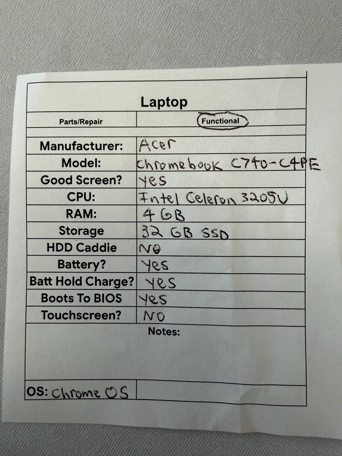 Acer Chromebook C740-C4PE Laptop – Good Screen – Intel Celeron 3205U – Read Des