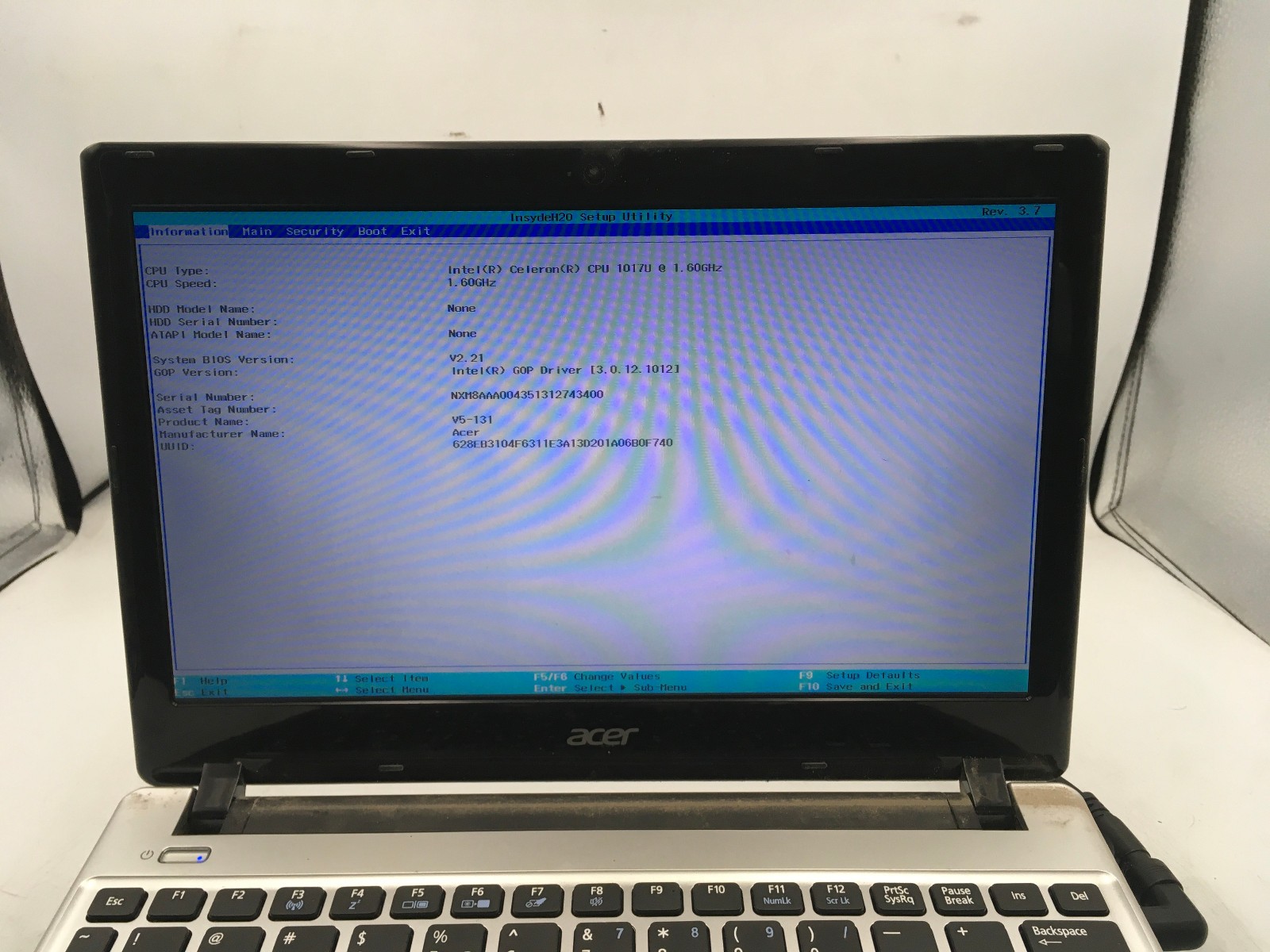 ACER ASPIRE V5 131 2680 – BOOTS TO BIOS – INTEL CELERON 1017U – 4GB RAM – BB