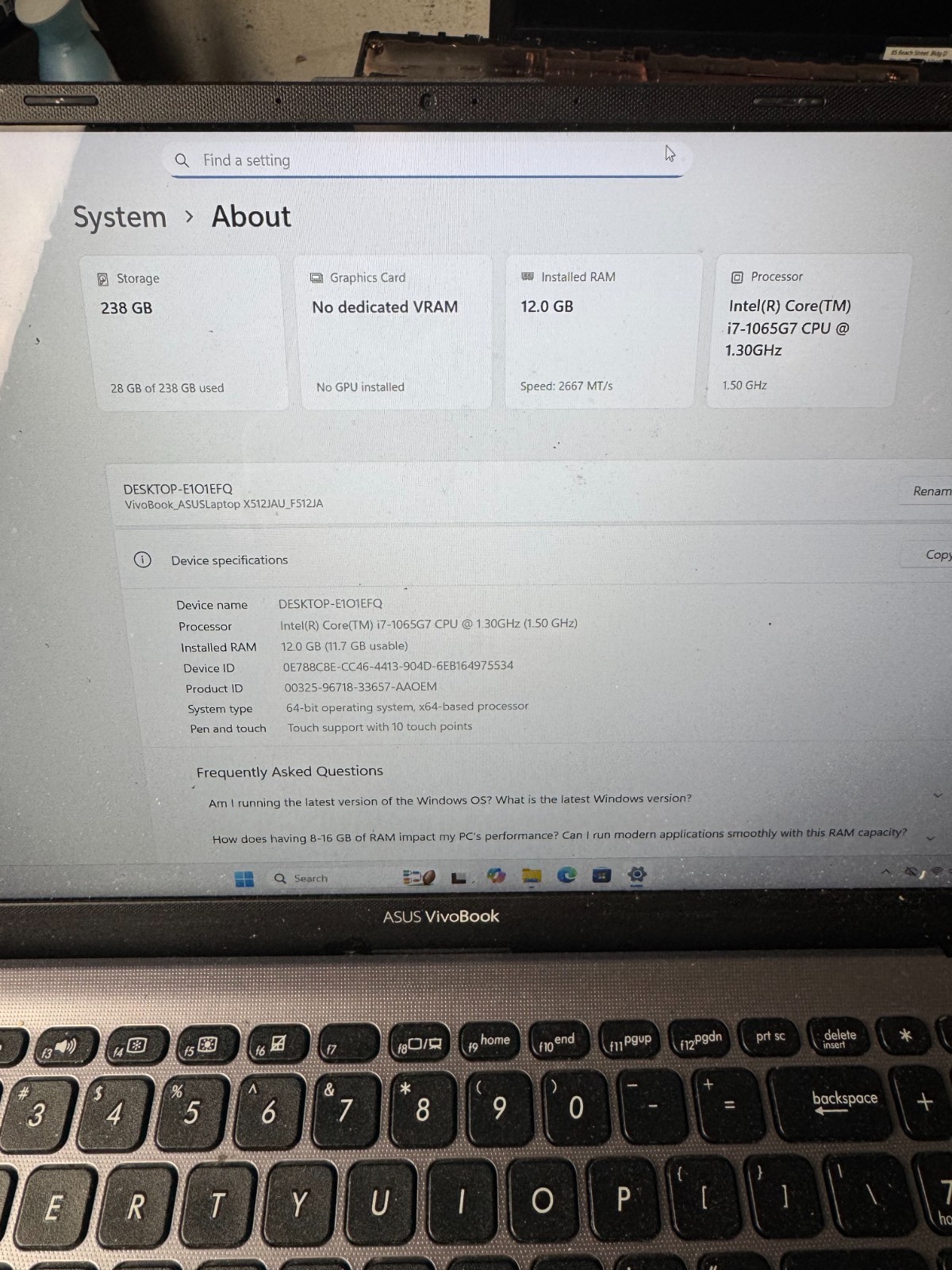 ASUS VIVOBOOK X512J Core i7-1065G7, 12GB RAM, 256GB SSD, Win11 *READ #4228
