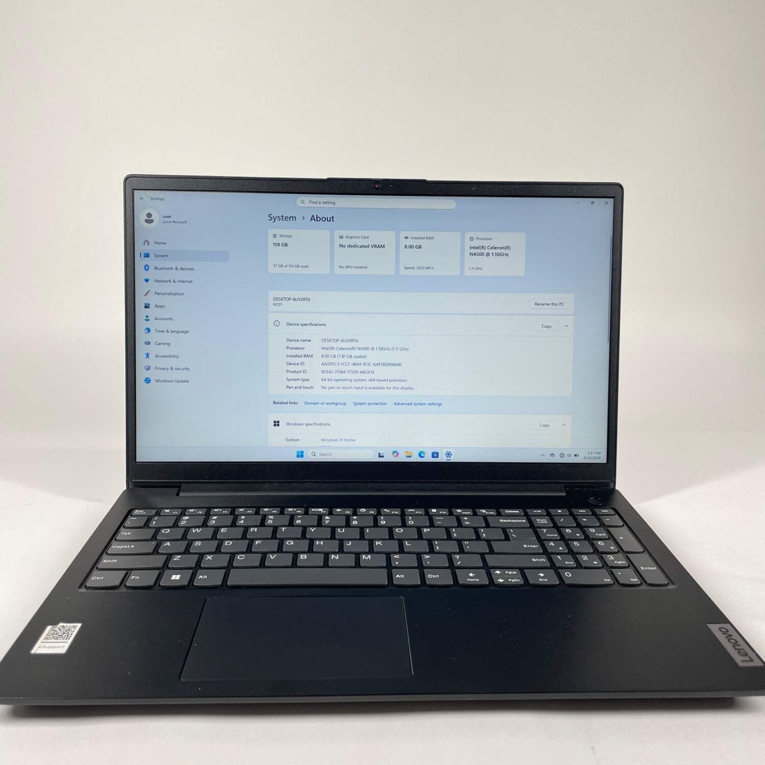 Broken Lenovo V15 G2 14″ Celeron N4500 1.1GHz 8GB RAM 128GB SSD Track Pad Broken