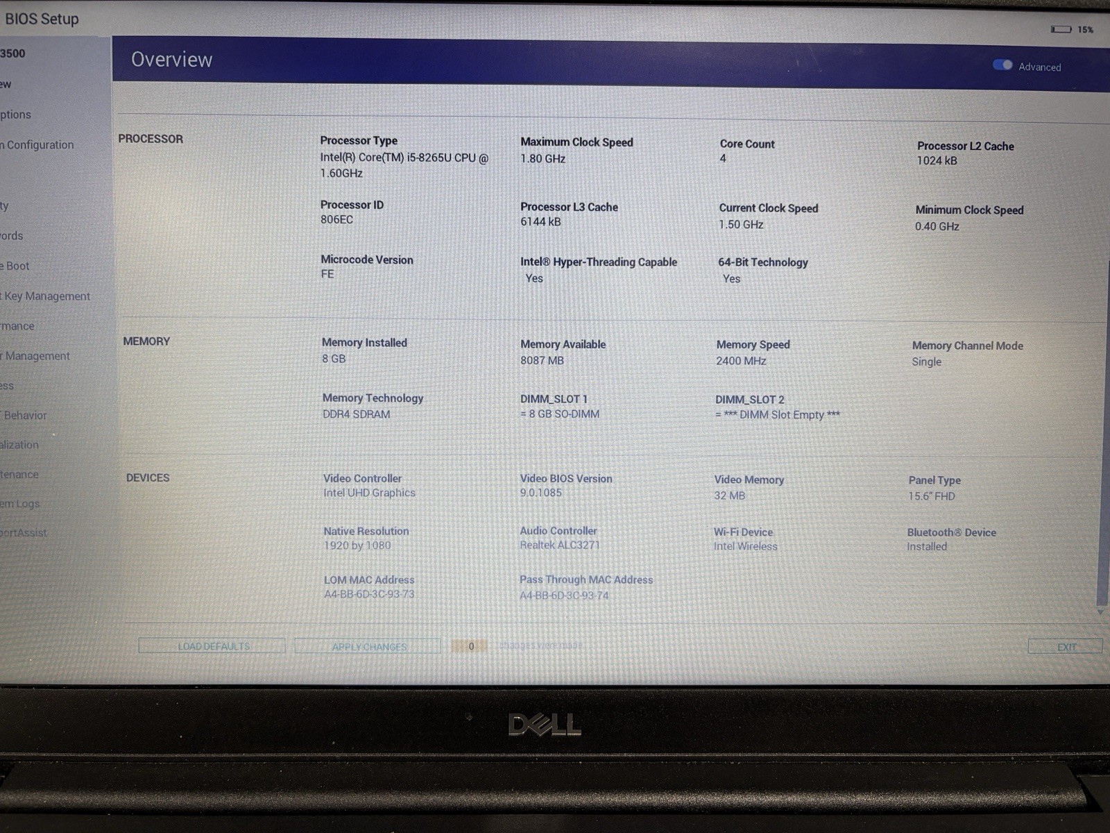Dell Latitude 3500 15″ i5-8265U 8GB RAM 256GB SSD | No Charger | No OS