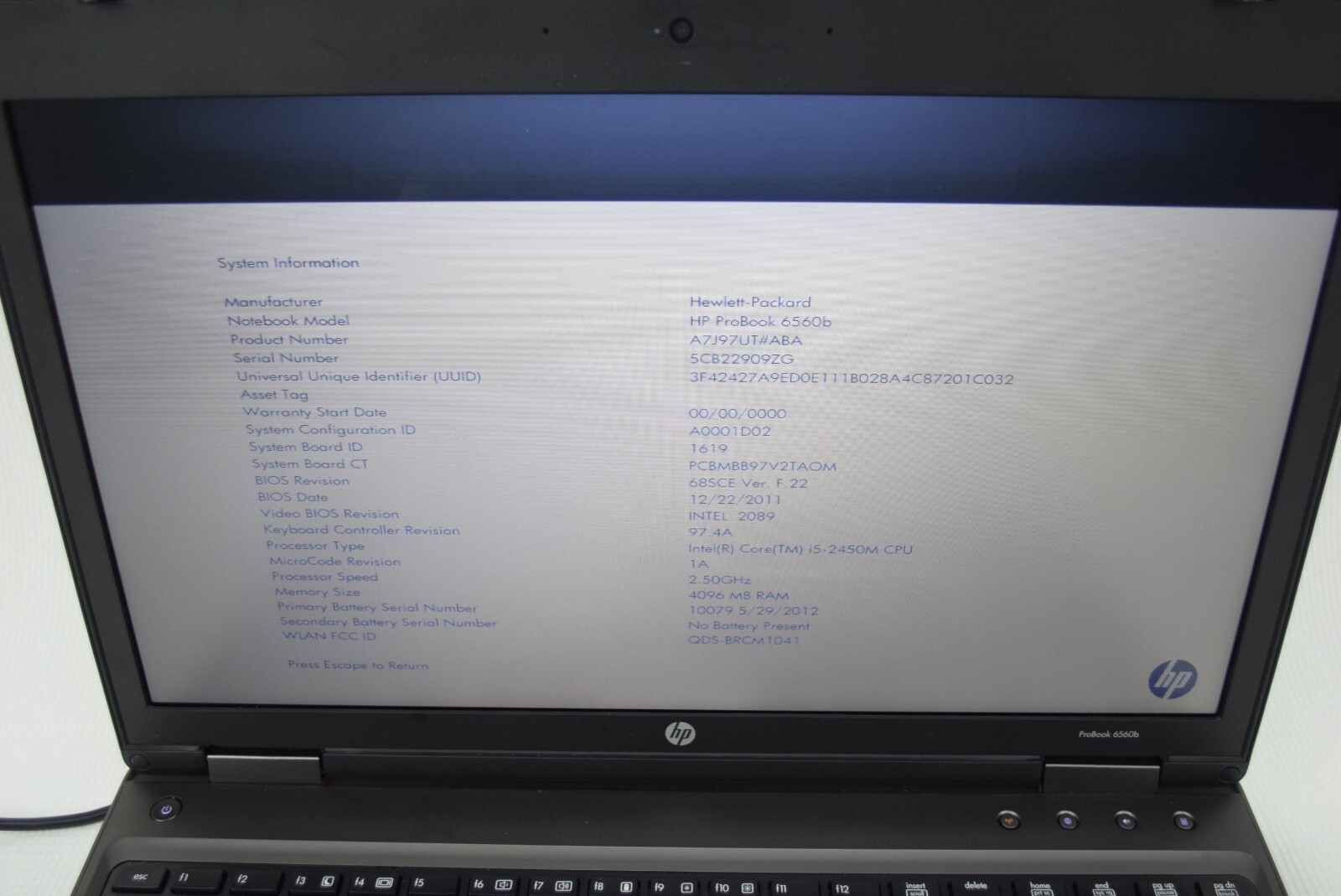 HP 6560b Intel Core i5-2450M 2.50 GHz 4GBLaptop Computer NO HDD NO OS