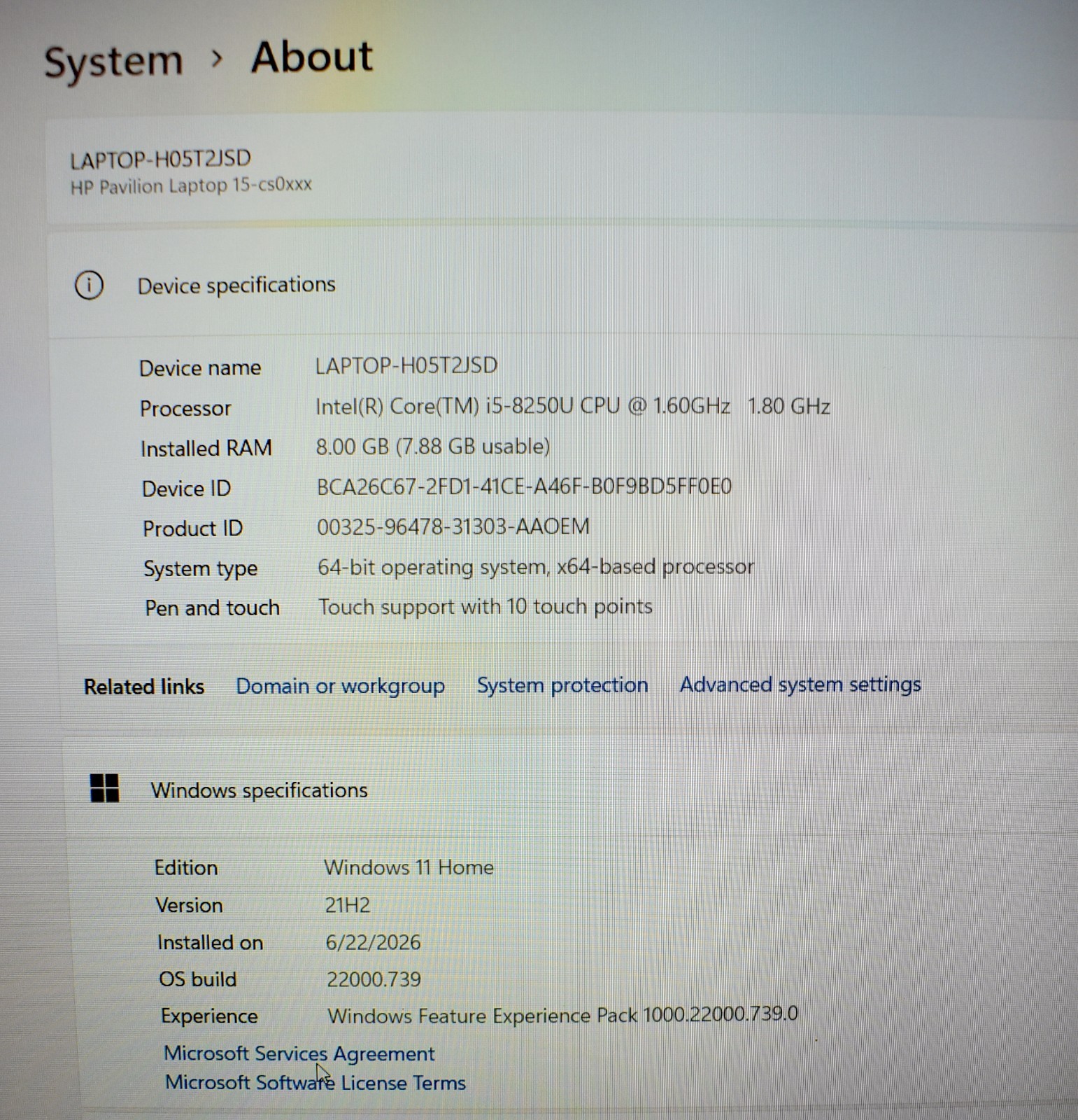 HP Pavilion 15-CS0069NR Laptop 15.6″ i5-8250U 1.6GHz 8GB Ram 1TB HDD Win11H