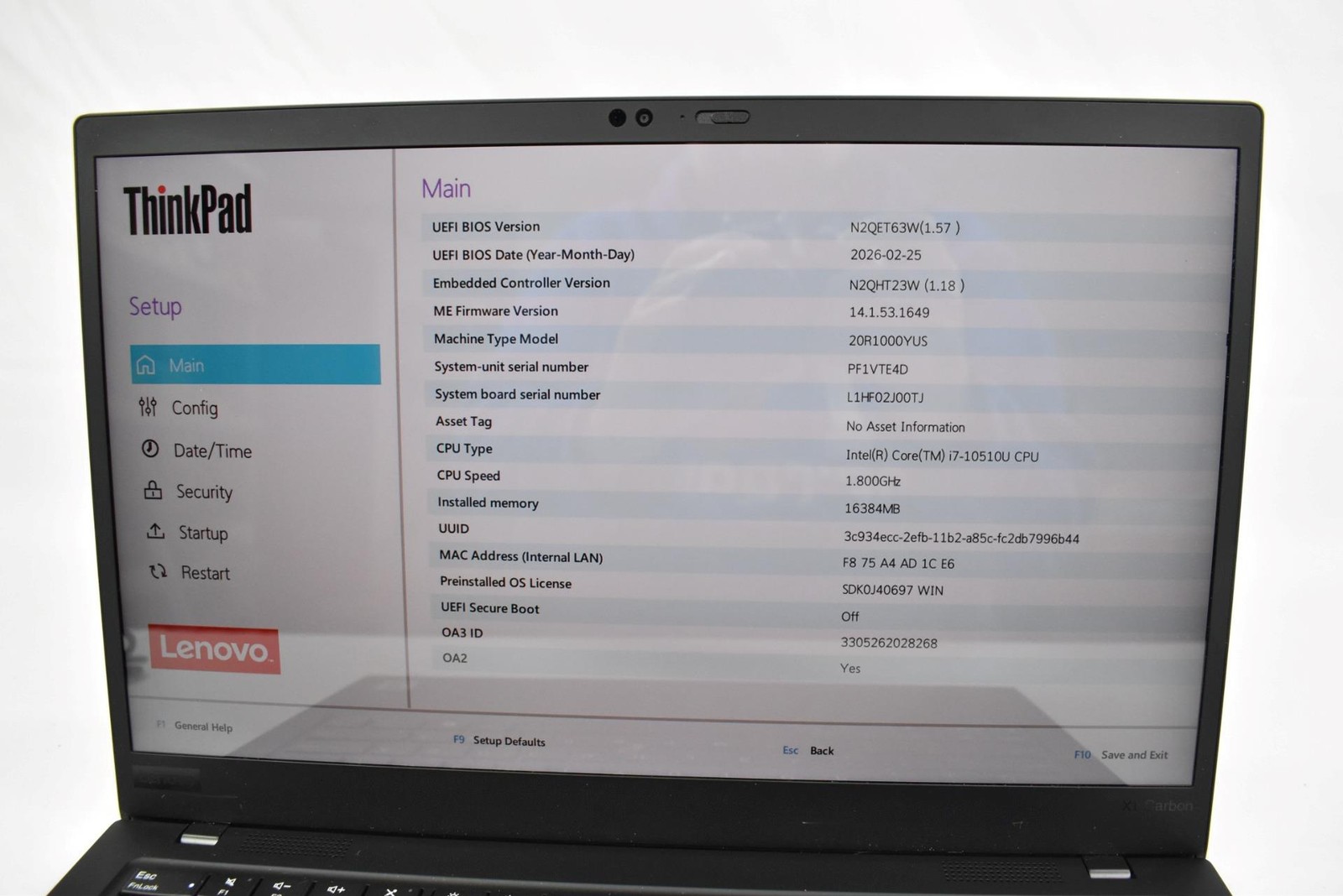 Lenovo ThinkPad X1 Carbon 7th Gen. i7-10510U 1.8GHz 16GB 256GB SSD No OS New Bat