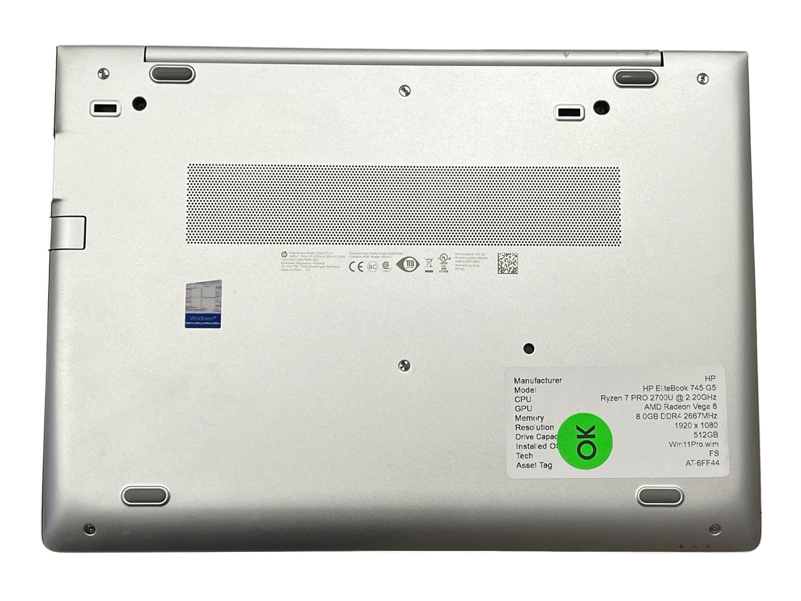 HP EliteBook 745 G5 Ryzen 7 PRO 2700U 2.2GHz 8GB RAM 512GB WIN11PRO Laptop 14″