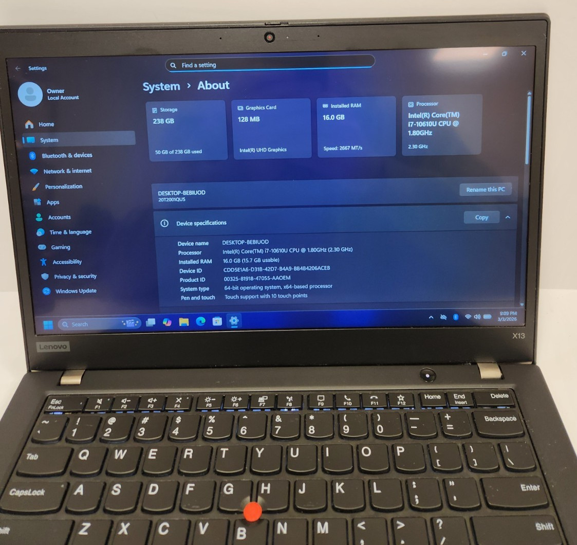 Lenovo ThinkPad X13 Gen 1 Core i7-10610U 16GB RAM 256GB NVME TCH SCRN READ #0411