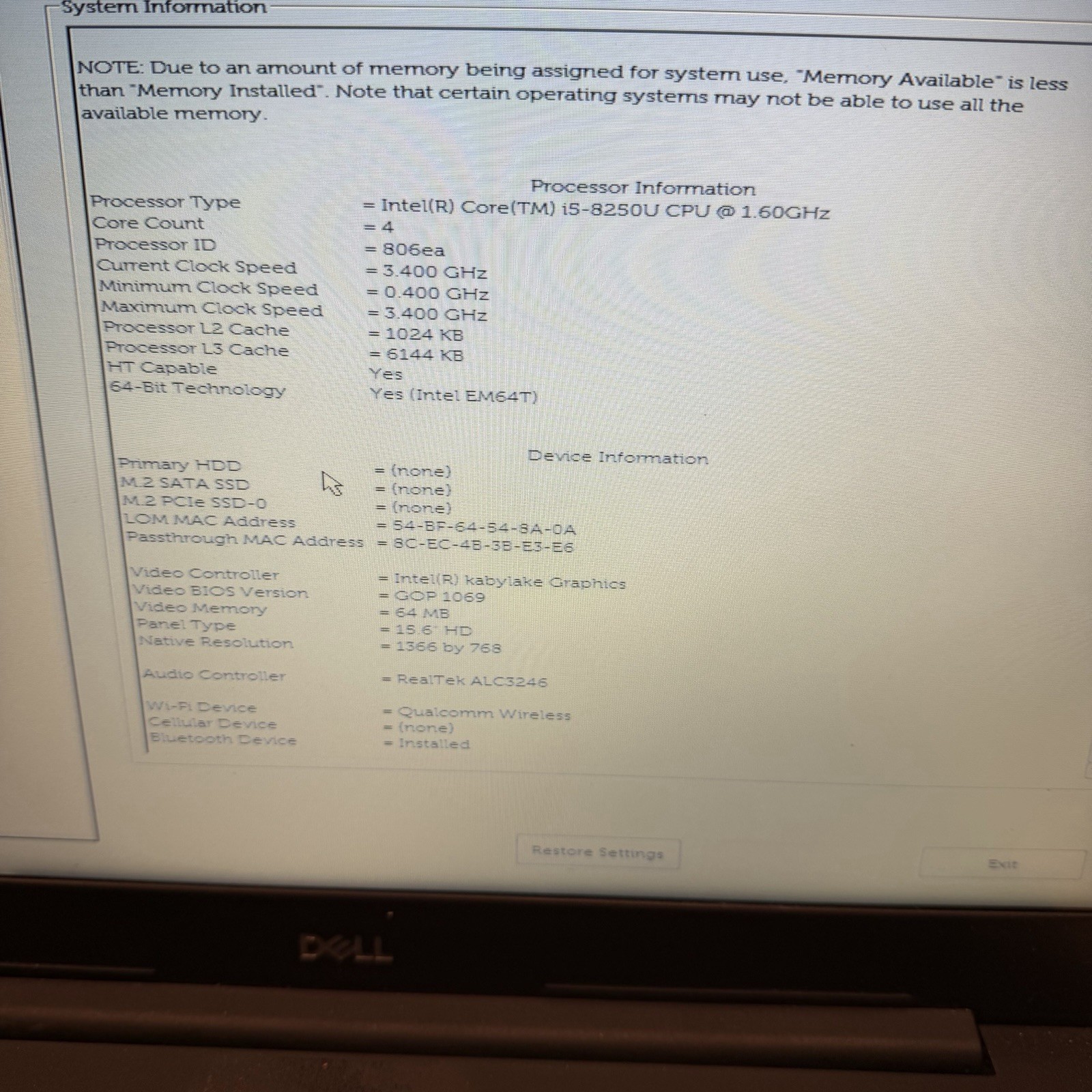 Dell Latitude 3590 i5-8250U 1.6GHz No RAM/No HDD Tested To Bios Boot
