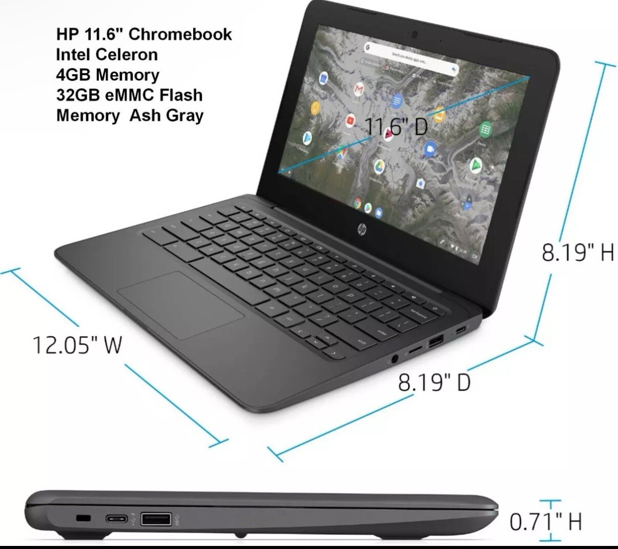 New HP Chromebook 11.6″ HD Intel Celeron N3350, 4GB RAM, 32GB eMMC, Chrome OS