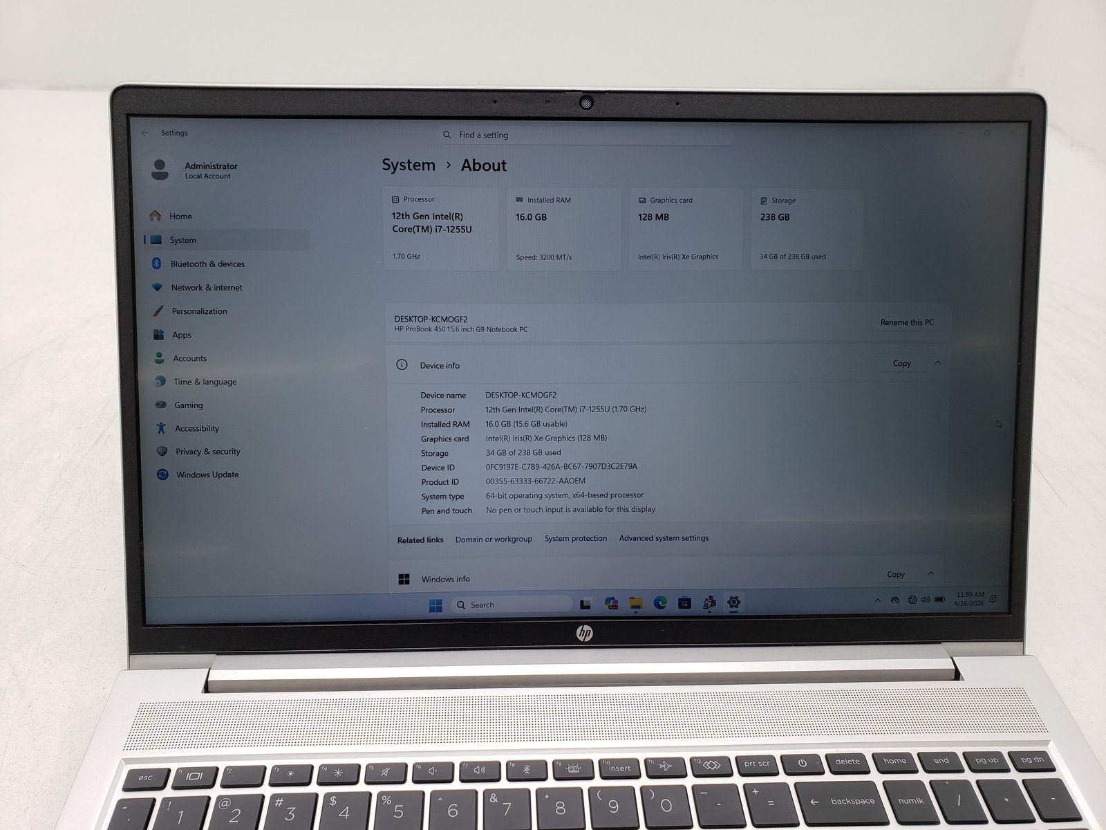 HP ProBook 450 G9 i7-1255U 16GB RAM 256GB SSD 15.6in Iris Graphics 128MB Tested