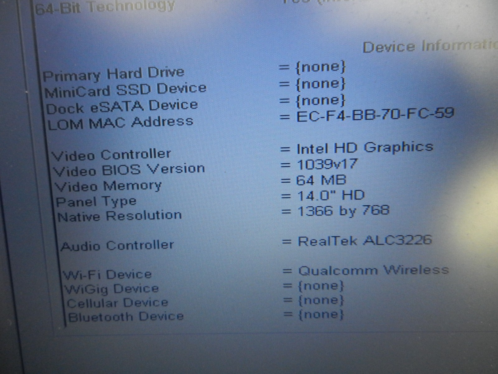 Dell Latitude E7440 CORE i5-4310U @ 2.0GHz / 16GB / NO HDD – MISSING BOTTOM !