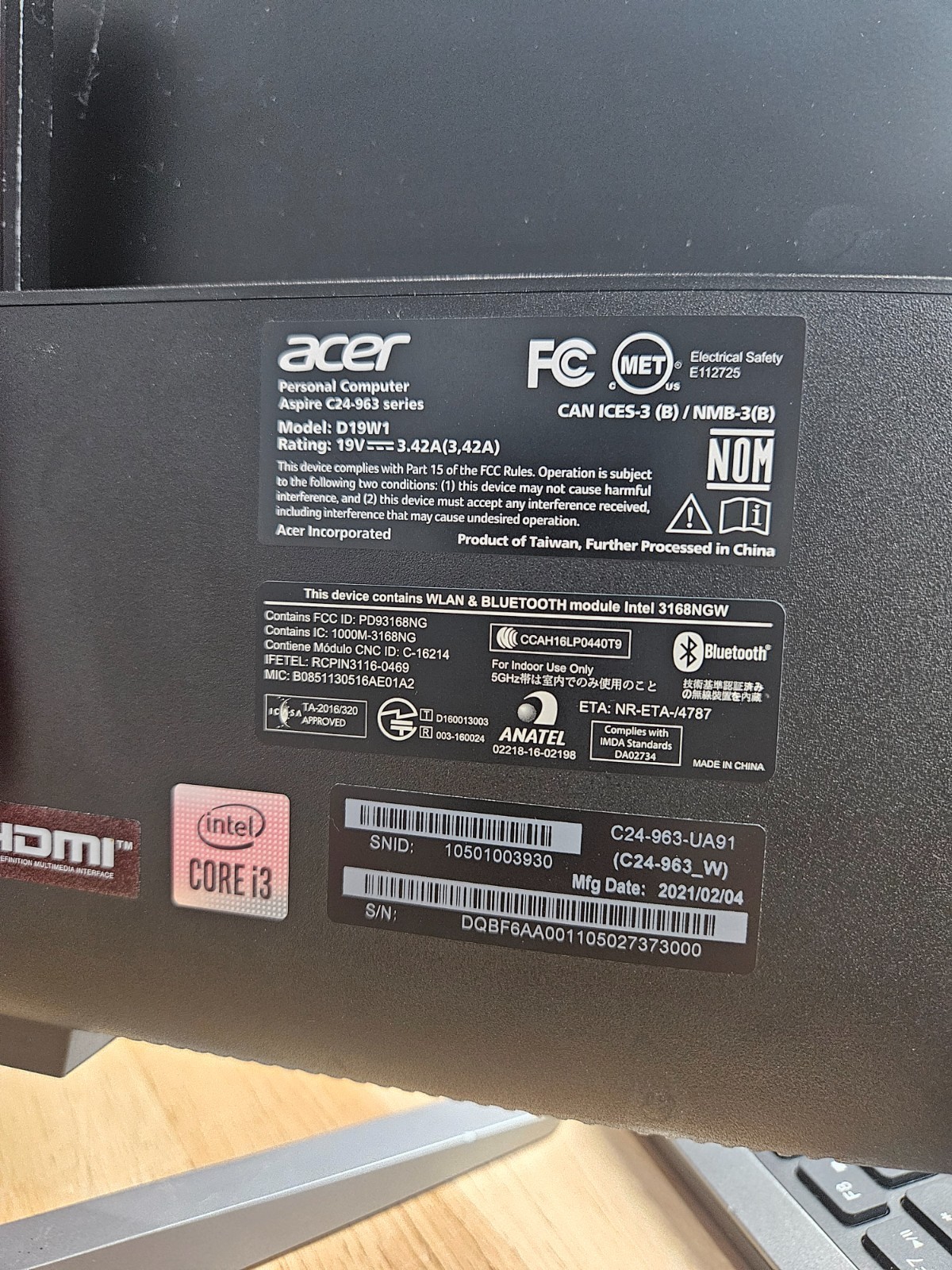 Acer Aspire All-In-One Desktop 24″ i3 10th gen Intel UHD 8GB RAM – NO SSD
