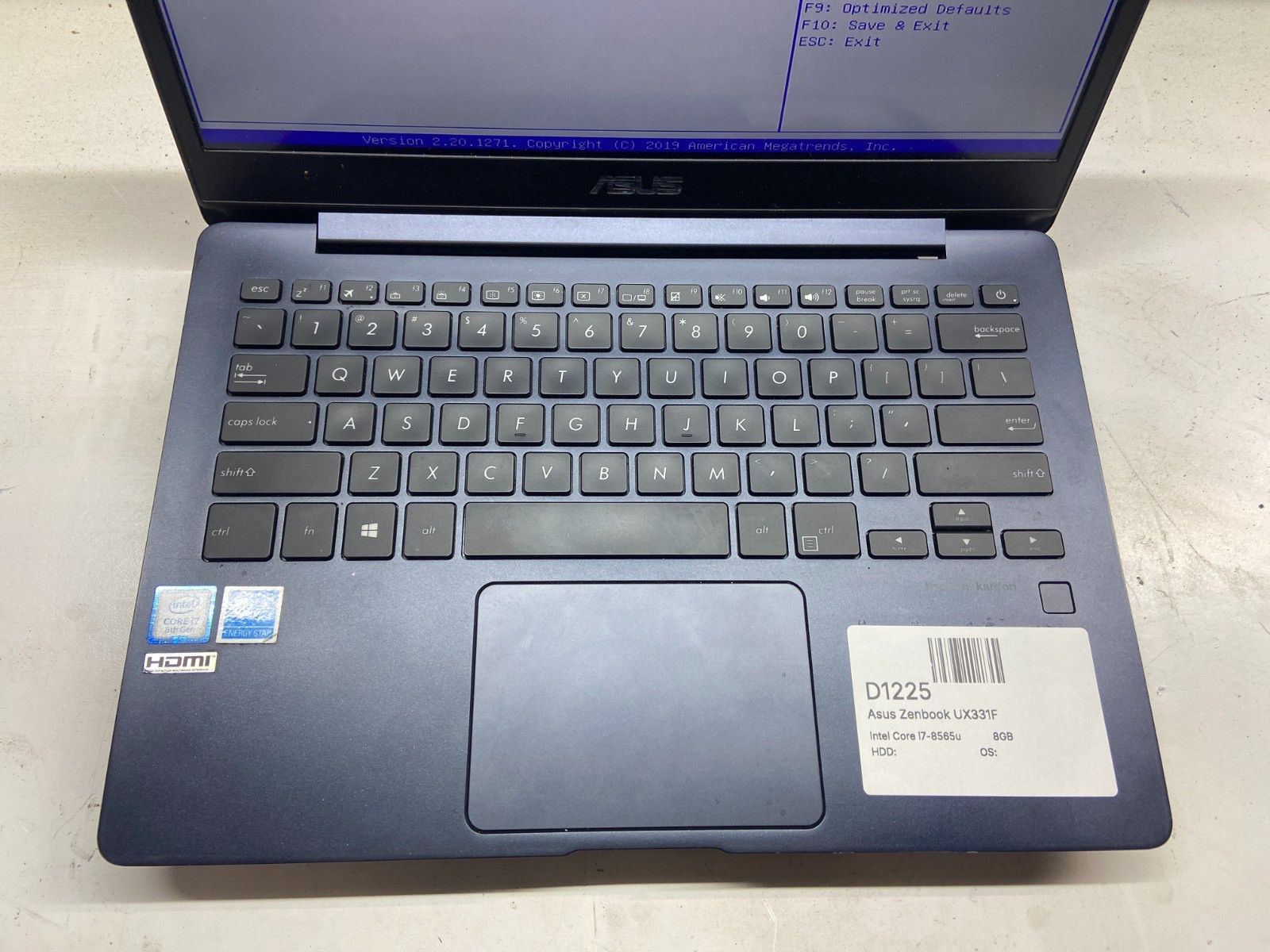 Asus Zenbook UX331F Intel Core i7-8565u 1.8GHz 8GB NO HDD