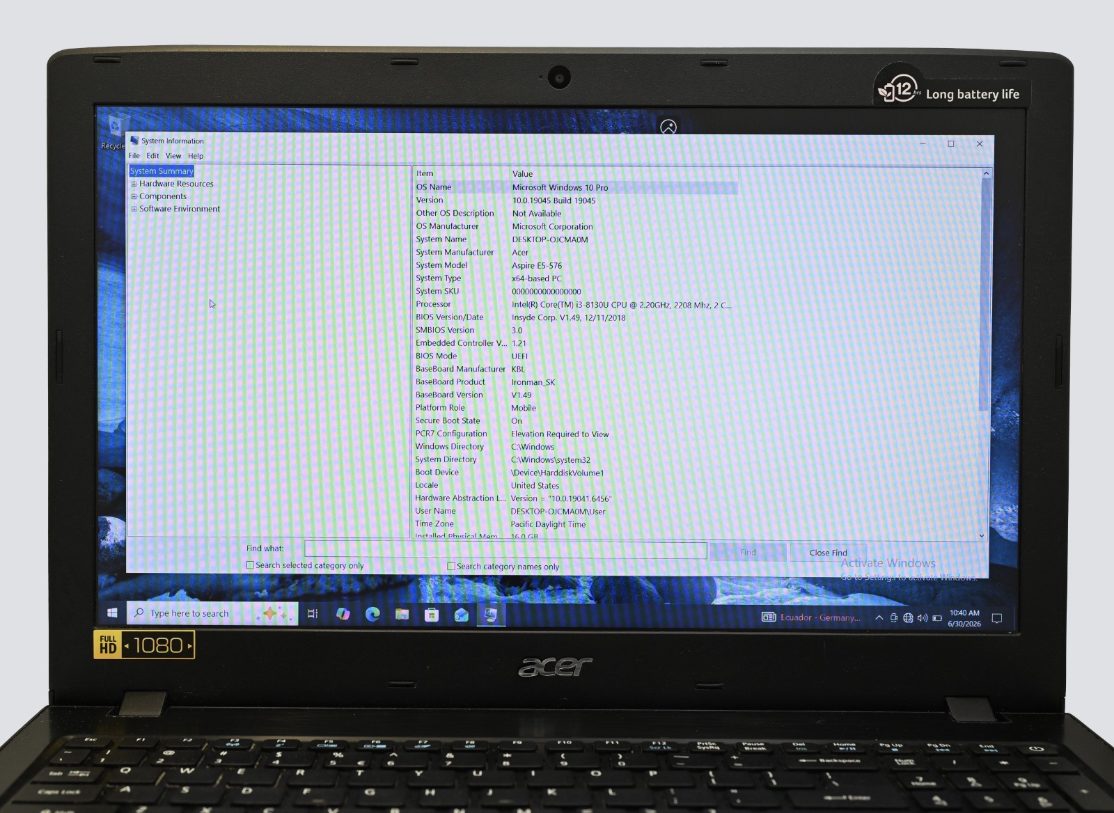 Acer Aspire E5-576 i3-8130u 2.2GHz 16GB RAM 128GB SSD Windows 10 Pro