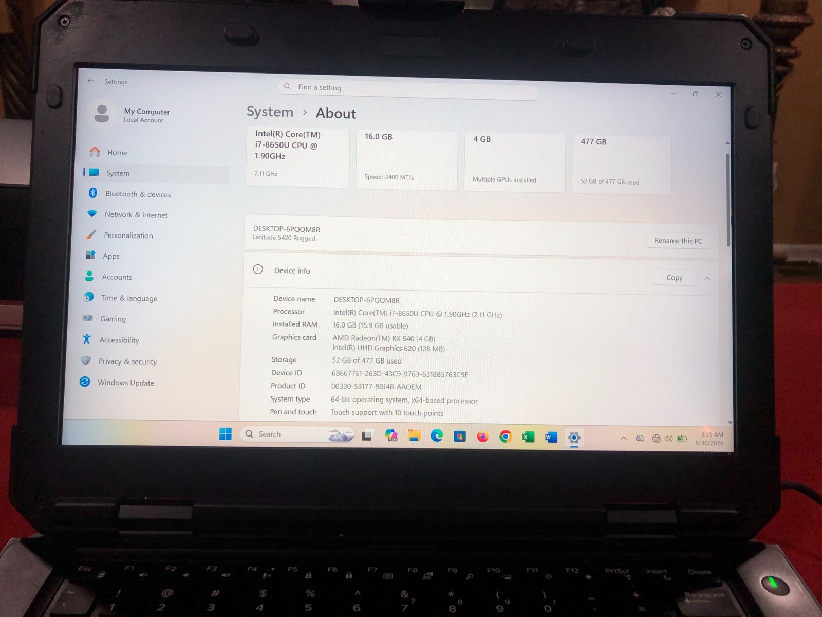 Dell Latitude 14 Rugged 5420 i7-8650U, 16GB, 512 NVME SSD.TOUCH WIN 11 PRO